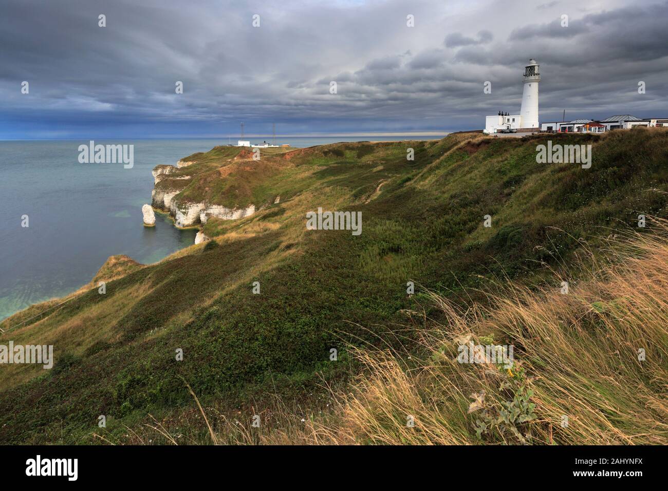 Dramatic clouds over the Chalk cliffs at Flamborough Head, East Riding of Yorkshire, England, UK Stock Photo