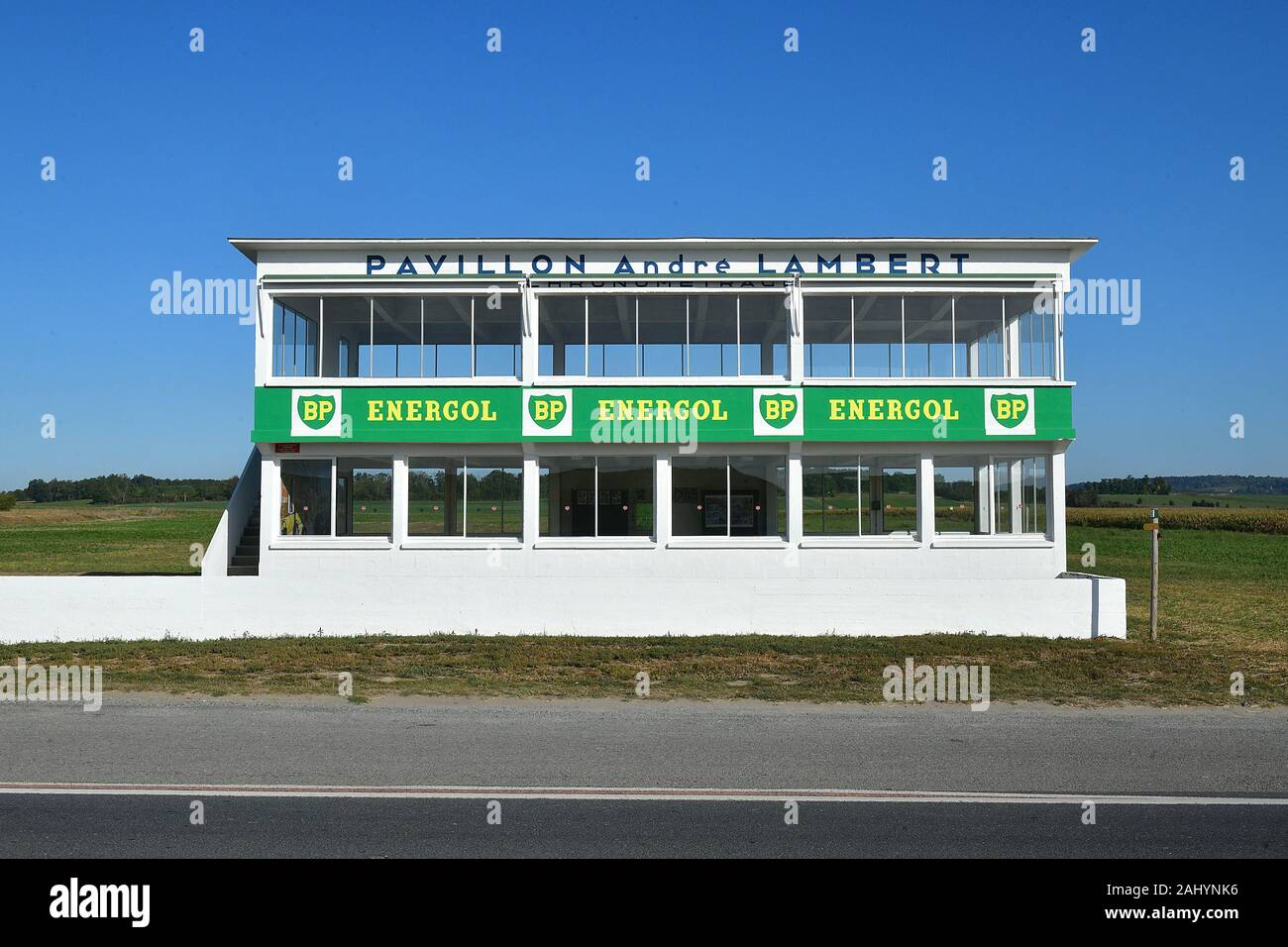 Pavillon Lambert, timekeepers' building of the Reims-Gueux Circuit (north-eastern France). The site has been restored with the help of the Fondation Stock Photo