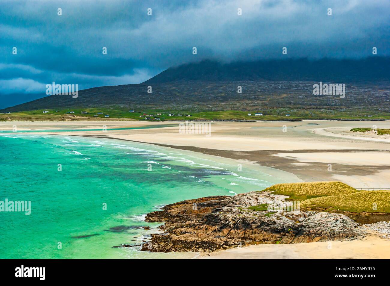 Sandy beaches with white sands on the west coast of Isle of Harris near Seilebost in the Outer Hebrides Scotland Stock Photo