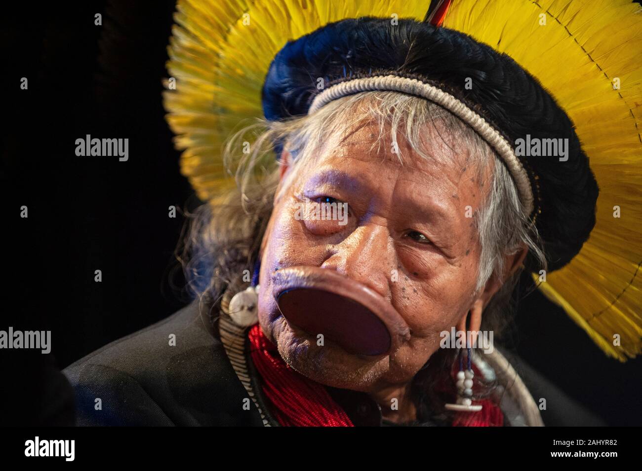 Lyon (69), on Tuesday, May 28, 2019 : Raoni Metuktire, one of the great chiefs of the Kayapo people, a Brazilian Indigenous group from Capoto Jarina, Stock Photo
