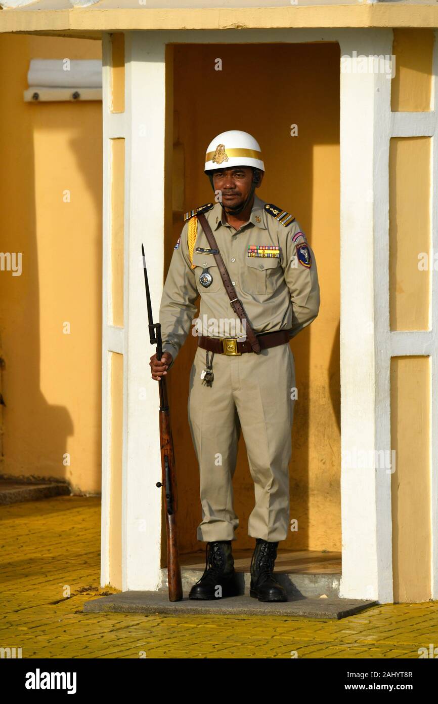 Guard at the gate of the royal palace,Phnom Penh, Cambodia,South Esat Asia. Stock Photo