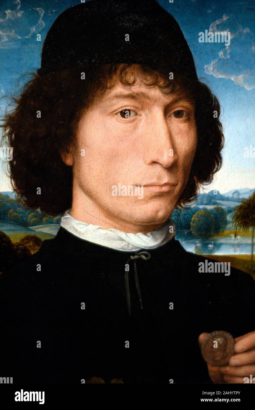 Portrait of a man with a roman coin, by the painting Hans Memling (1435-1494), musée royal des Beaux Arts d'Anvers. Stock Photo
