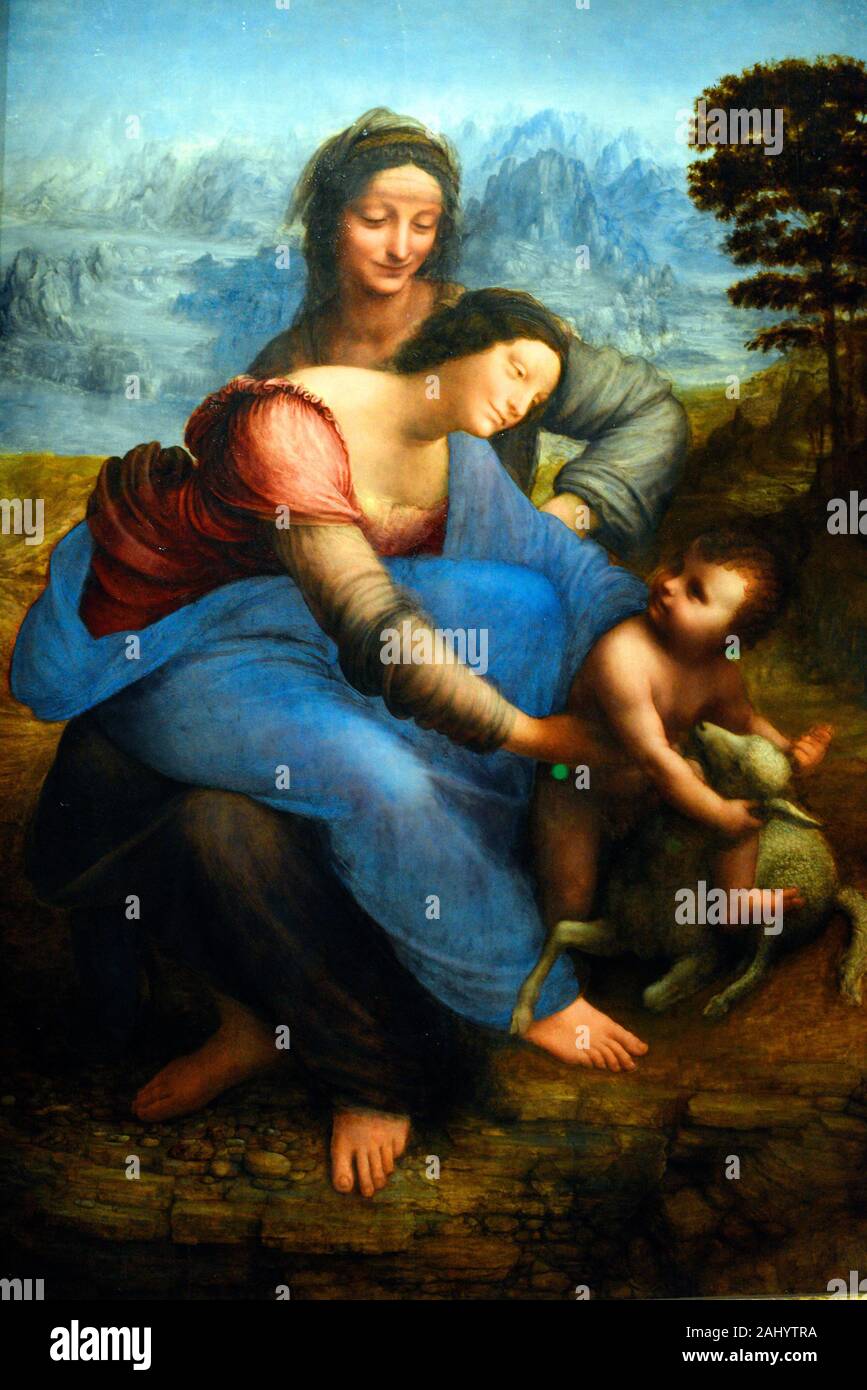 Sainte Anne, la Vierge et l'enfant juant avec un agneau dite La Sainte Anne, 1503-1519, by Léonard de Vinci, Louvre museum, Paris, France. Stock Photo