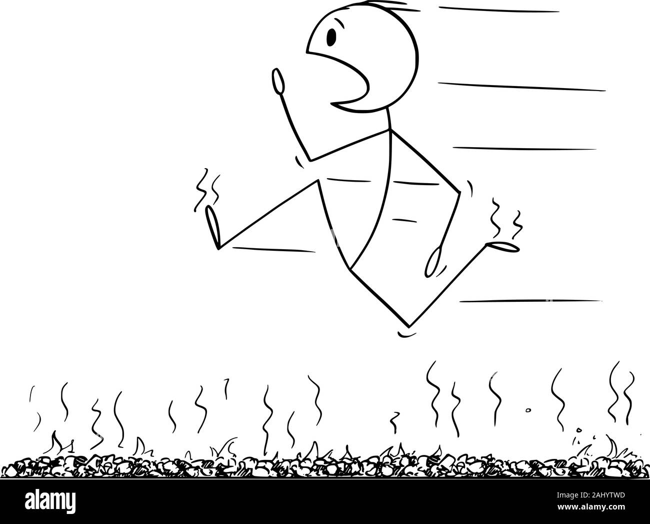 Vector cartoon stick figure drawing conceptual illustration of firewalk, man or businessman running fast in panic or firewalking barefoot over bed of hot embers or stones. Stock Vector