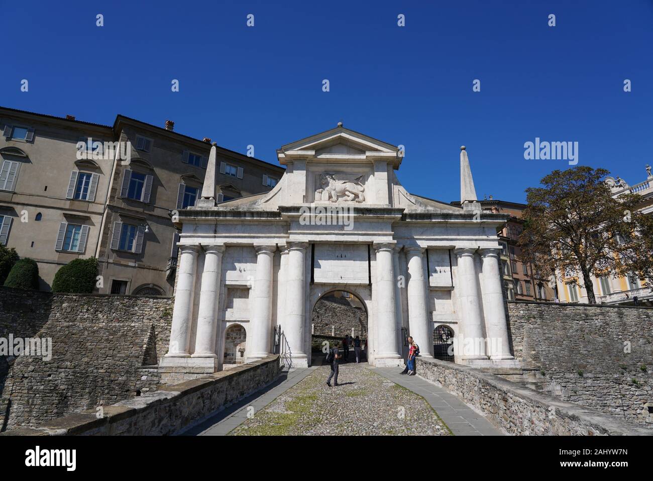 The San Giacomo gate and the Venetian walls, Unesco heritage, Bergamo Alta, Bergamo, Lombardia, Italy, Europe. Stock Photo