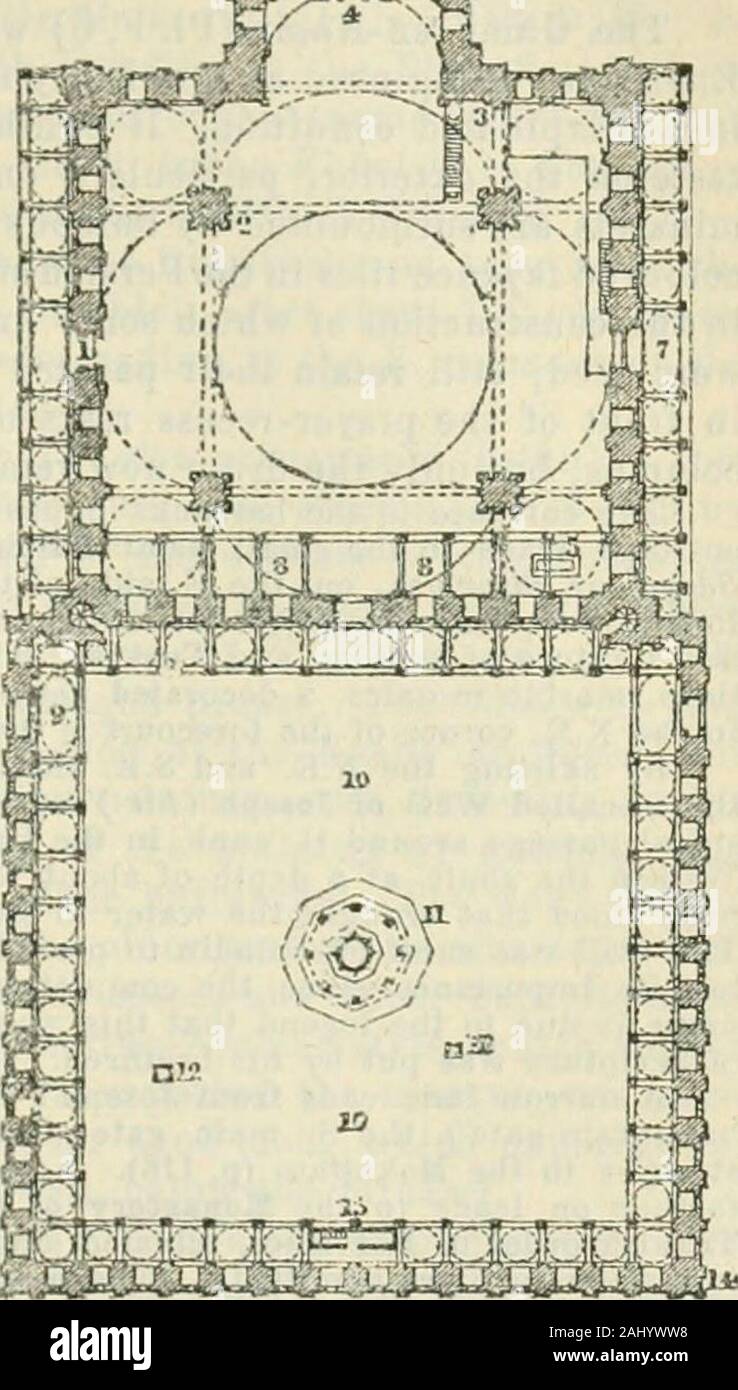 Egypt and the Sûdân; handbook for travellers . orm by Said Pasha (p. cxxii). The architect was the GreekYusuf Boshna of Constantinople, wlio, aided hy Greek foremen,built it on the model of the Nuri Osmaniyeh mosque at Constanti-nople. The columTis are built, and the walls incrusted, with pooryellow alabaster. Woodpainted to resemble ala-baster is used also. The Entrance (PI. 9),near the centre of the N.side, leads directly intoX.cSdhnel-Gami {P. 10),or Court, enclosed byvaulted galleries, in theupper parts of which plainlimestone has been usedinstead of alabaster. Inthe centre is the Hanef Stock Photo