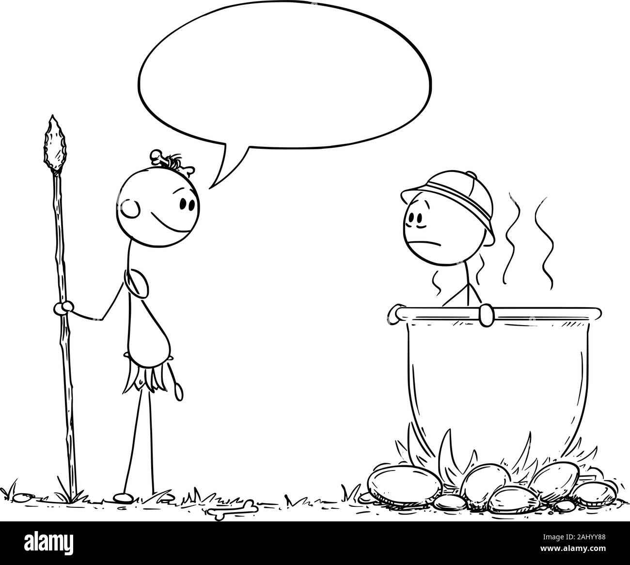 Vector cartoon stick figure drawing conceptual illustration of native cannibal man saying something, while looking at European or Western Traveler cooked in big cauldron on the fireplace. Stock Vector