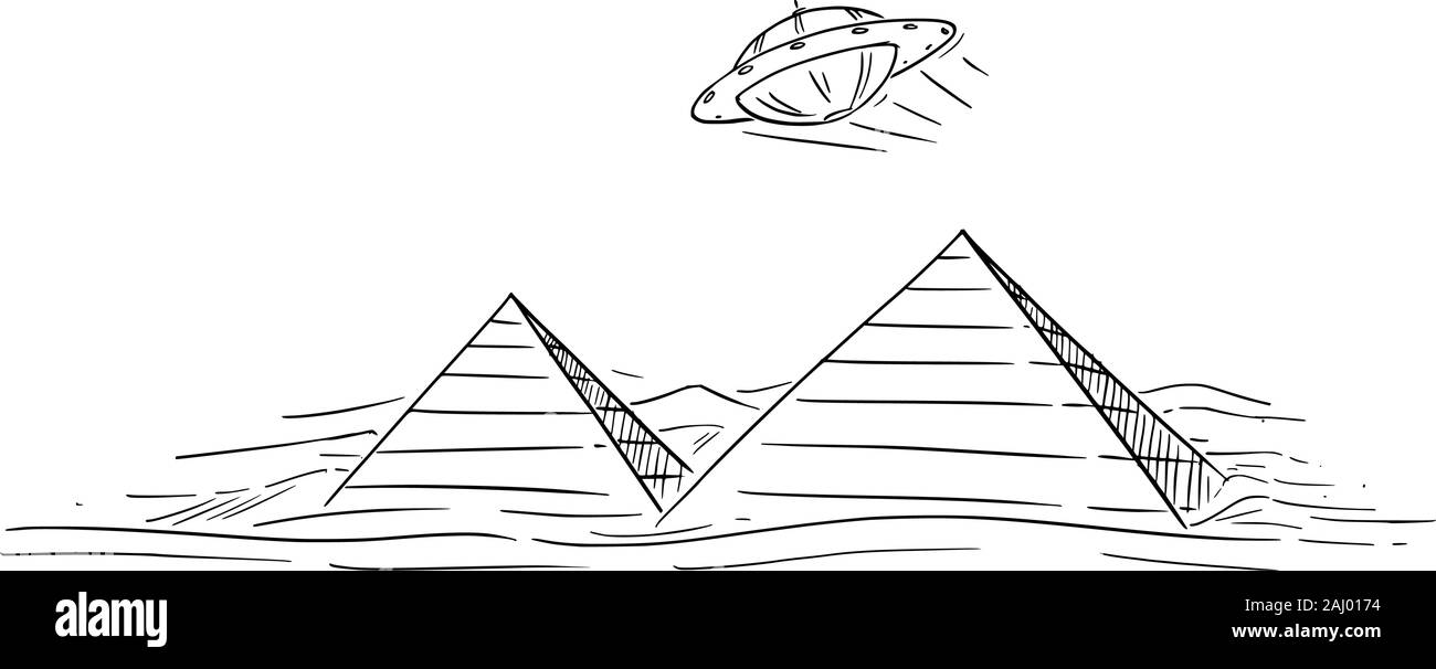 Vector cartoon drawing or illustration of UFO or unidentified flying object or alien or extraterrestrial spacecraft flying over Egyptian pyramids. Stock Vector