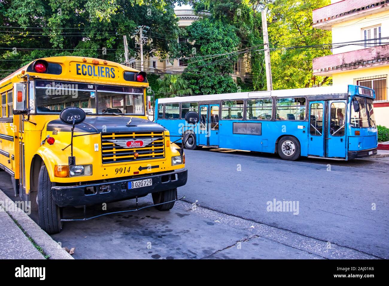 Old bus in the streets of Old Havana, Republic of Cuba, Caribbean, Central America. schoolbus in the streets of Old Havana, Republic of Cuba, Stock Photo