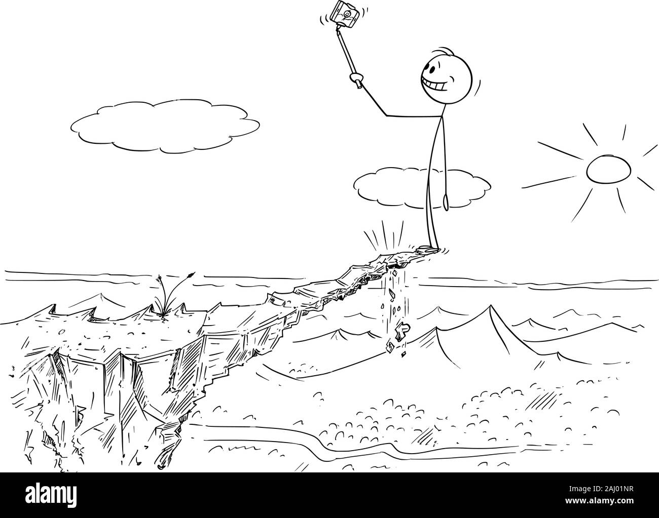 Vector cartoon stick figure drawing conceptual illustration of man taking dangerous photo selfie on unstable high rock risking his life, because he can fall down. Stock Vector