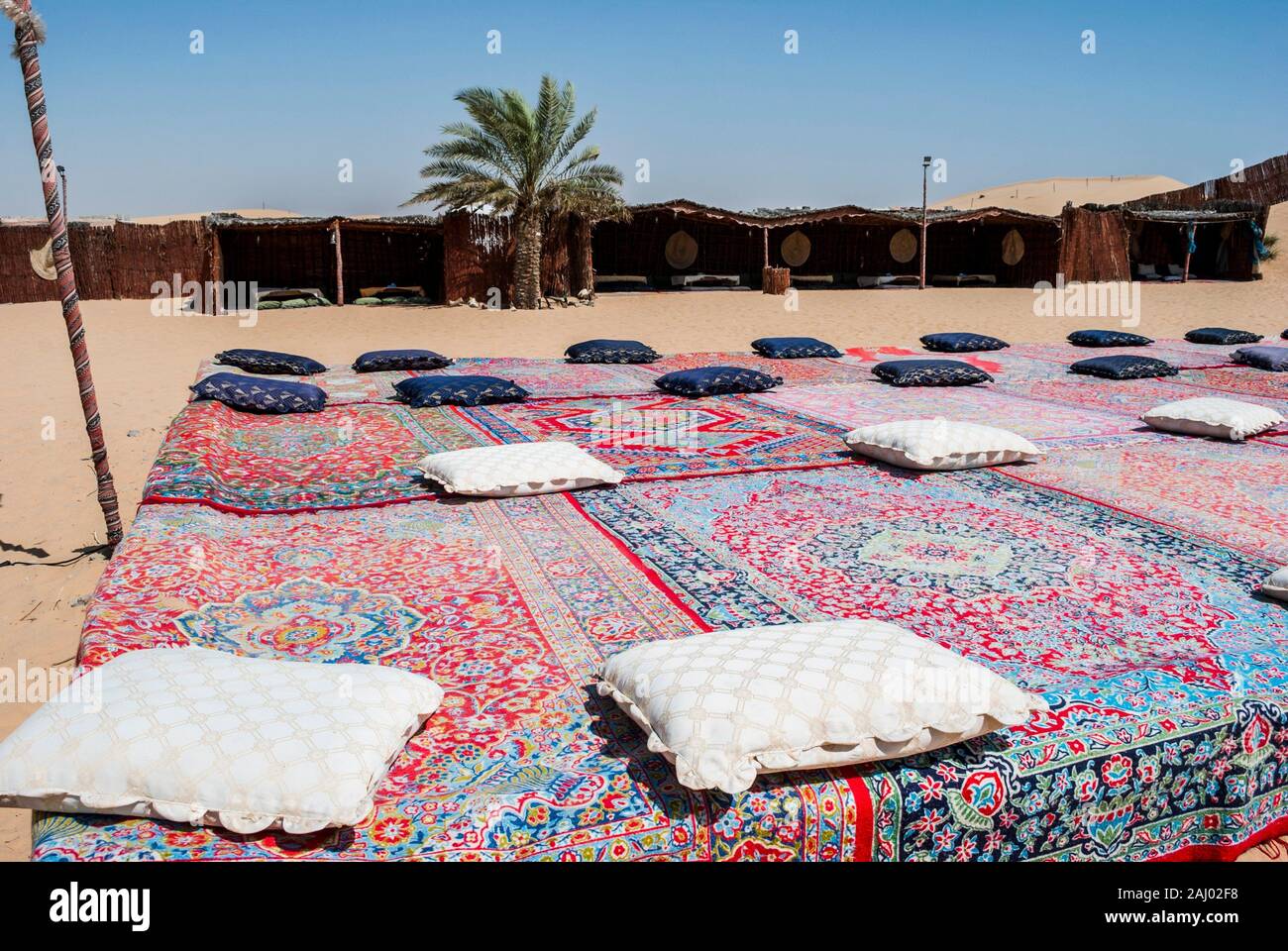 Arabic barbecue lunch stop as part of a desert safari excursion. Abu Dhabi, United Arab Emirates. Stock Photo