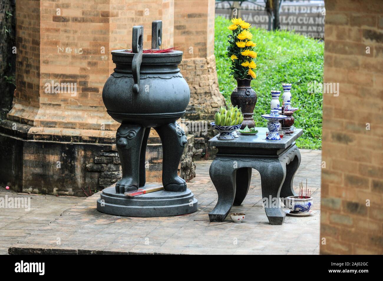 Incense burner and altar with offerings. Po Nagar Cham Towers complex