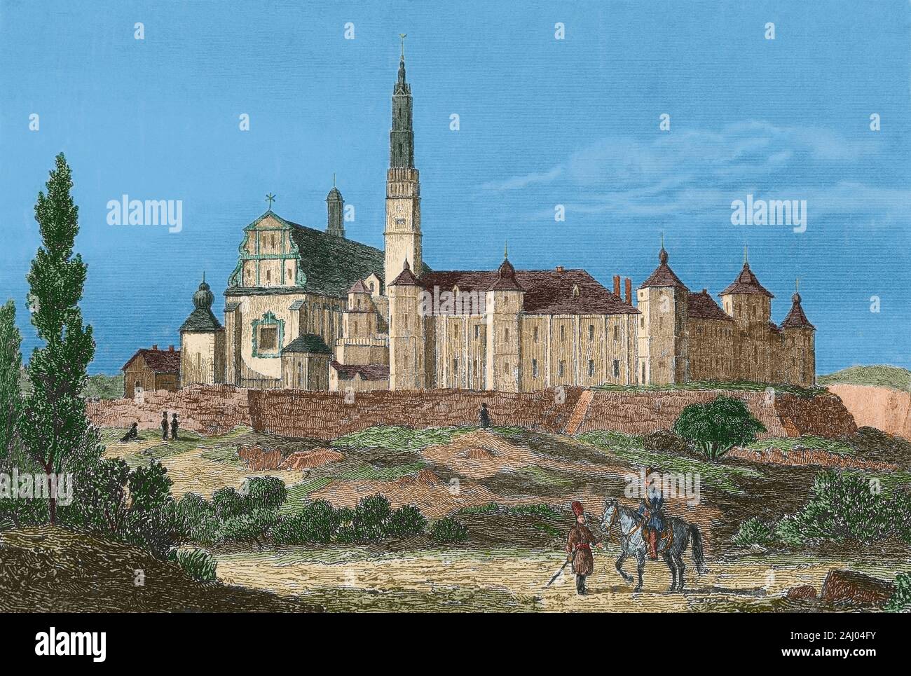 Poland, Czestochowa. Church and convent of Jasna Gora. Monastery. It was founded in 1382 by Pauline monks who was brought from Hungary to Poland by Prince Ladislaus of Opole. Engraving by Lalaisse, 1840. Later colouration. Stock Photo