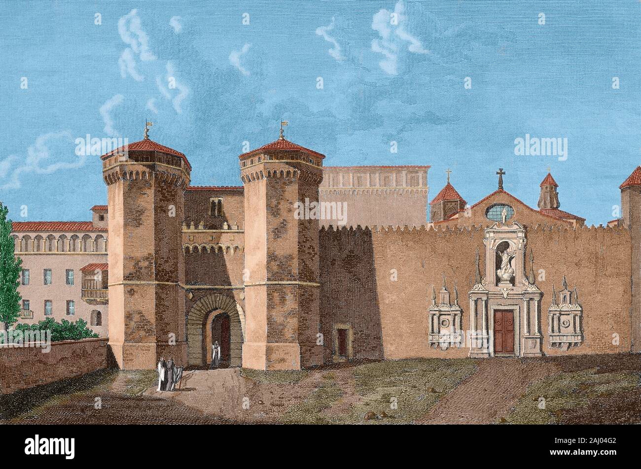 Spain, Catalonia, province of Tarragona, Vimbodi. Royal Abbey of Santa Maria de Poblet. Main entrance, according Alexandre Laborde in 'Voyage Pittoresque et Historique en Espagne' (1806). Cistercian monastery founded in 1151. Drawing by Ligier. Engraving by Lorieux. Later colouration. Stock Photo