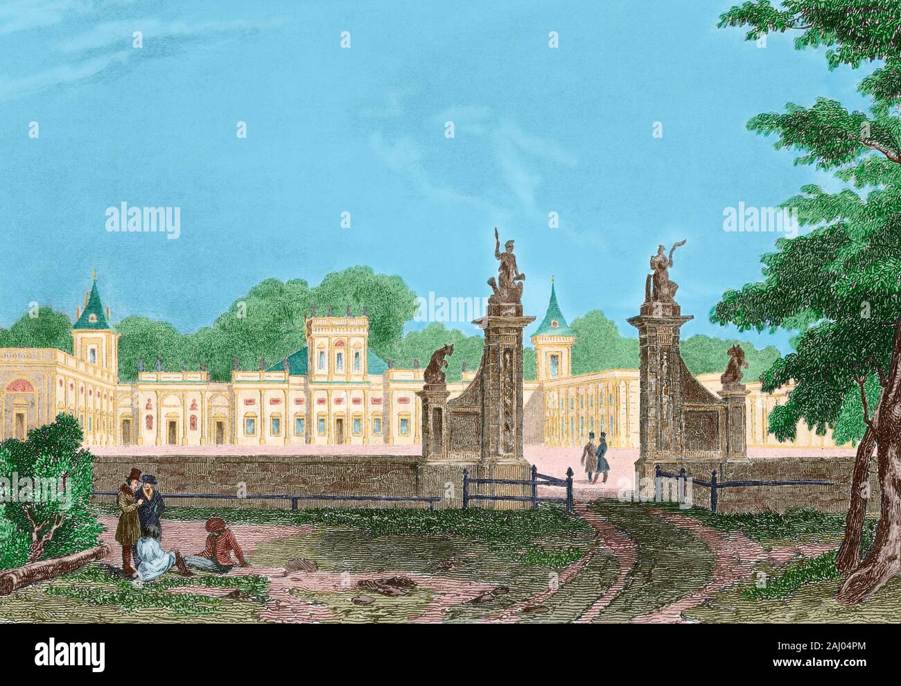 Poland. Wilanow Palace, located in Willanow district, Warsaw. Baroque royal residence on the village that was property of King John Sobieski III (1624-1696). Drawing by J. Arnout. Engraving by Lalaisse, 1840. Later colouration. Stock Photo