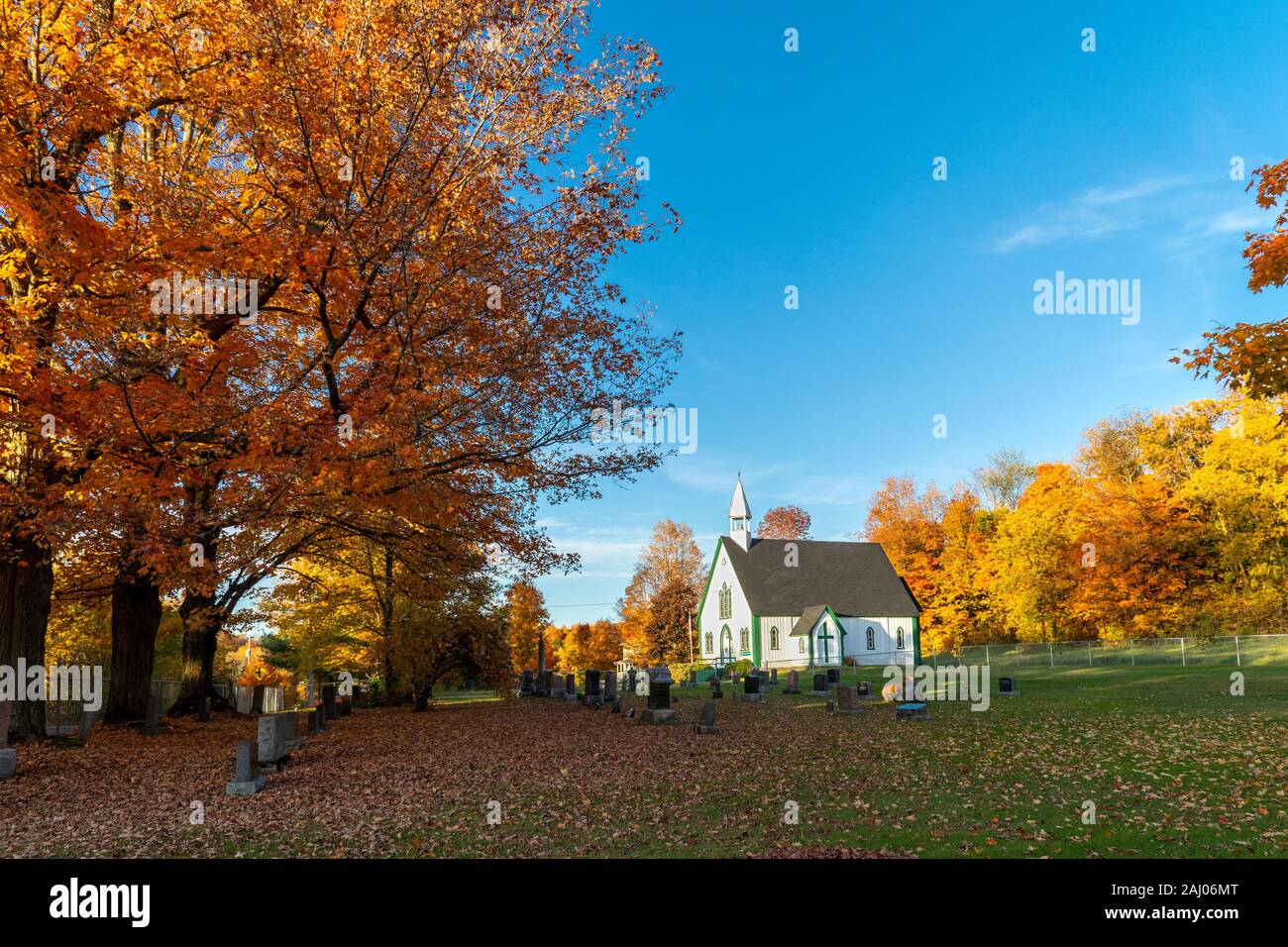 Along Chemin d'Iron Hill (Iron Hill Road). Holy Trinity Anglican Church. Iron Hill, Lac-Brome, Quebec, Canada. Stock Photo