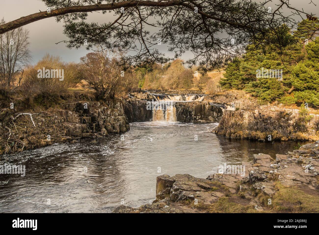 Winter sunlight on Low Force Waterfall, Teesdale Stock Photo