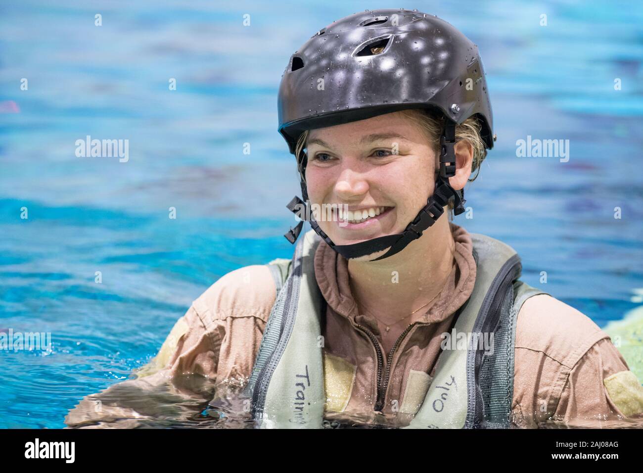 Canadian Space Agency astronaut candidate Jennifer Sidey during helicopter water survival training in the Sonny Carter Neutral Buoyancy Laboratory at Johnson Space Center September 21, 2017 in Houston, Texas. Stock Photo