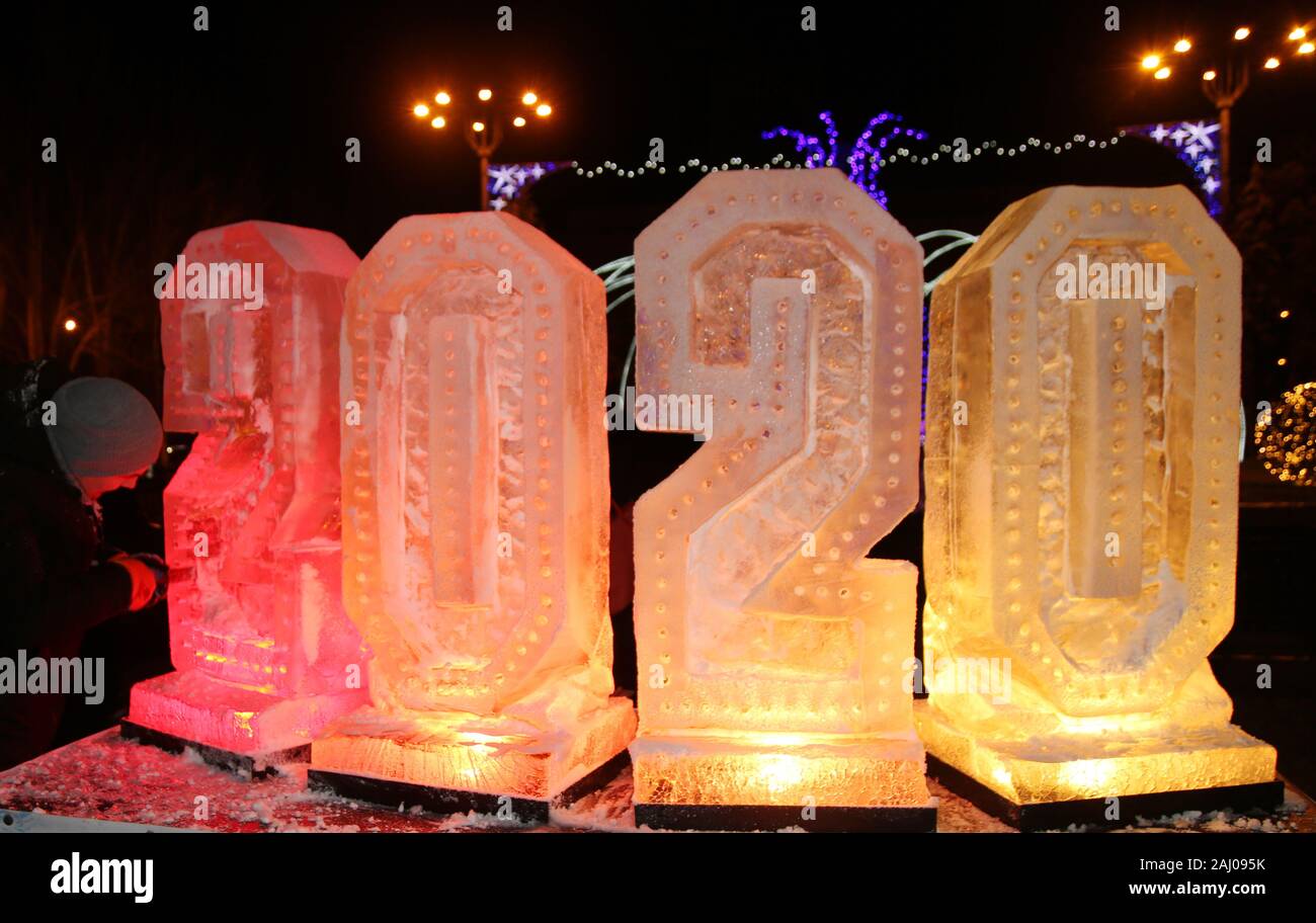 Donetsk Ukraine December 31 2019 Ice Scupltures On Display In