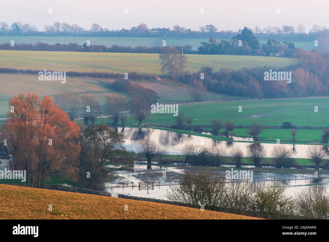 A Flooded Windrush Valley, The Cotswold, England. Stock Photo