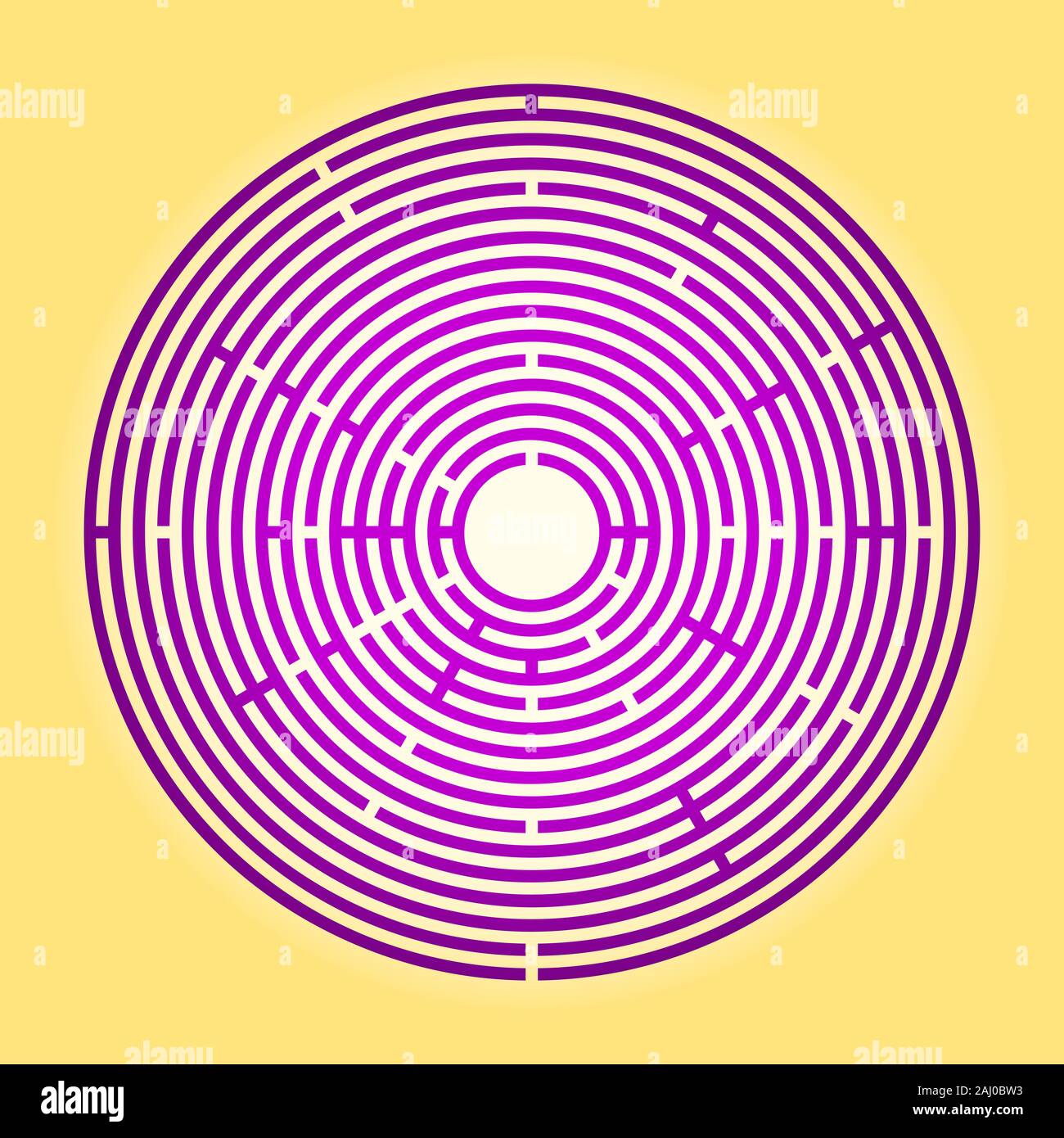 Colored large circular maze. Big purple radial labyrinth over yellow background. Find a route to the centre, follow the path to the goal. Stock Photo
