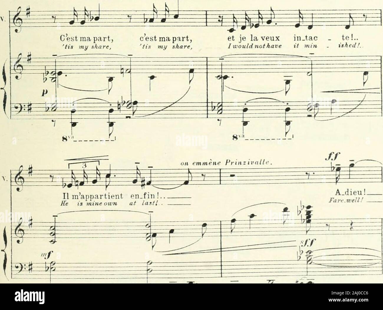 Monna Vanna; lyrical drama in four acts and five tableaux by Maruice Maeterlinck English text by Claude Aveling . i i J J iiJ ^ puis - se. Et jen aurai la cle!.. Et jen aurai la cle!.. And I shallkoldthe key!. And I shall hold the key. I ^?=f= ^ ^^ :^r=g ^ r T ^ y /&gt;p ^p-r^^^iK^ .,,]aj^;[^^ Je laveuxtoutdesui . te!..Give it me on this in . slant!.. ue person.ne ny tou   che!.Let no o . ther hand touch it!.. i ^j w T^T JWT ^ ig PT: f. rs i^ 7 Stock Photo