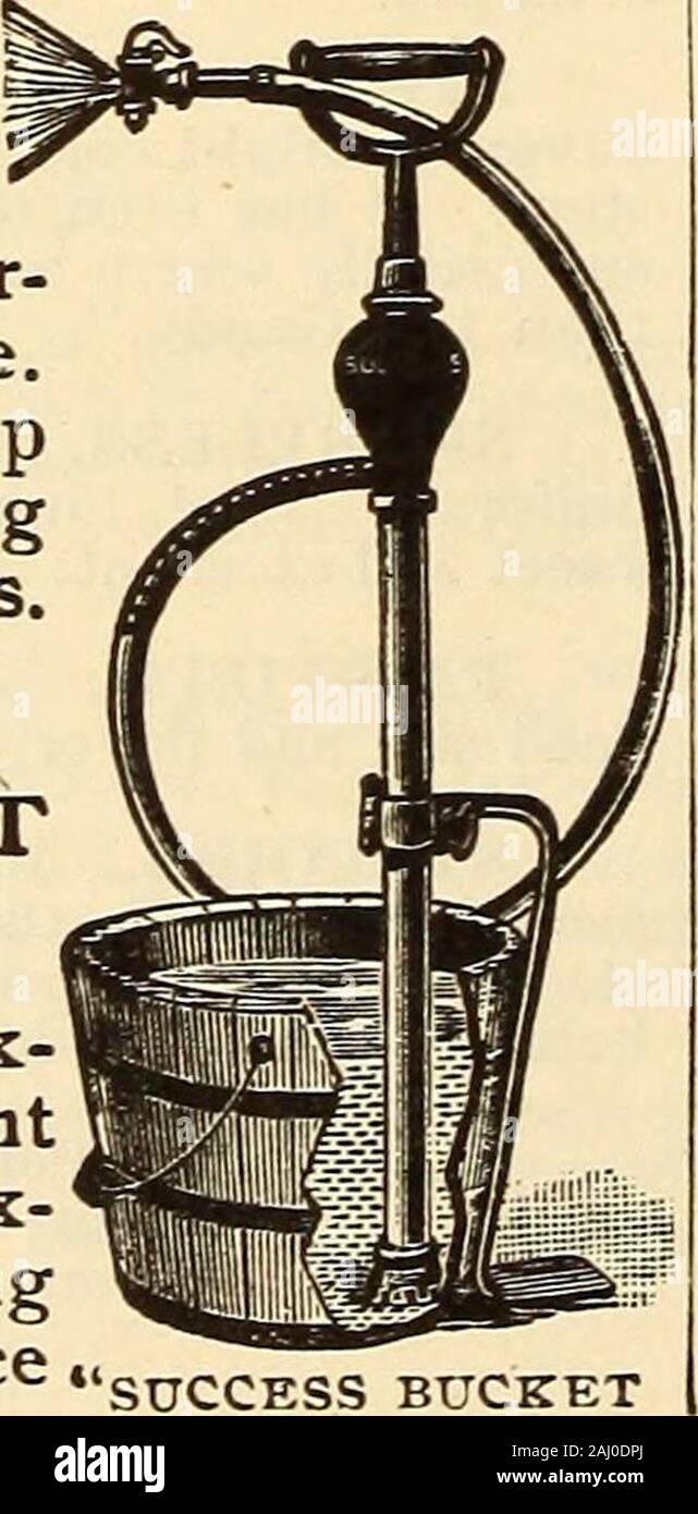 Johnson's garden & farm manual : 1913 . success bucketpump maticCompressed Air Sprayer Makes a continuous spray.So little effort is required thata chifd can operate it and en-joy it. An ideal sprayer forladies use. Made in brass andtin. Tin, 75c. each; brass,|i.oo each. Good News Sprayer A perfect, brass compressedair sprayer, which works automati-cally from 6 to 15 minutes. It maybe charged in 15 seconds by a fewstrokes of the plunger. It has acapacity of four gallons, and, whenproperly charged, contains threegallons of solution and one gallonof compressed air. Also has aKant Klog nozzle. Pri Stock Photo