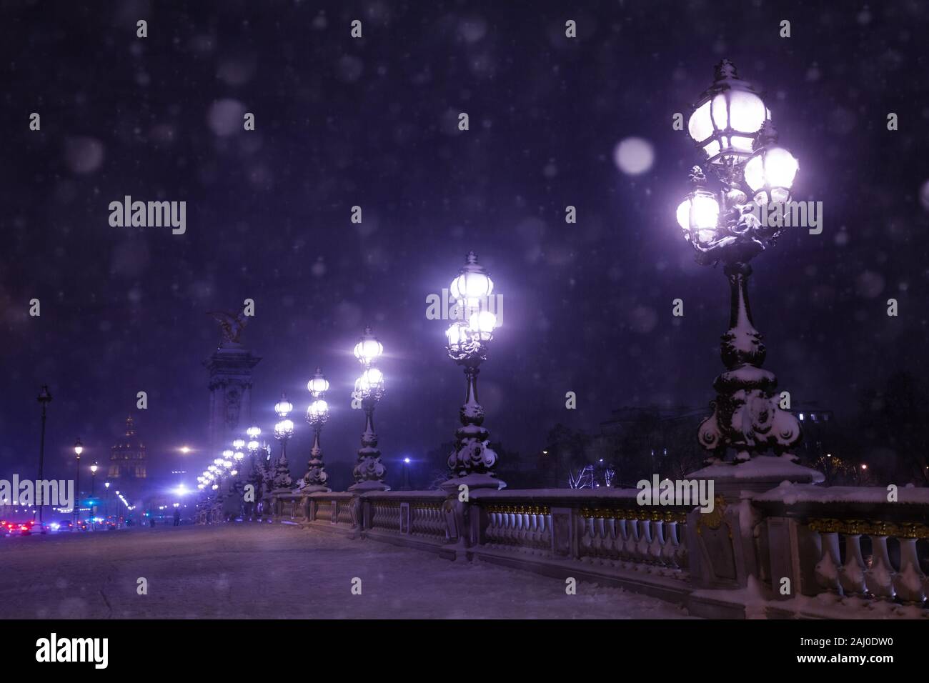 Illumination on Alexander 3 bridge, night and snow Stock Photo