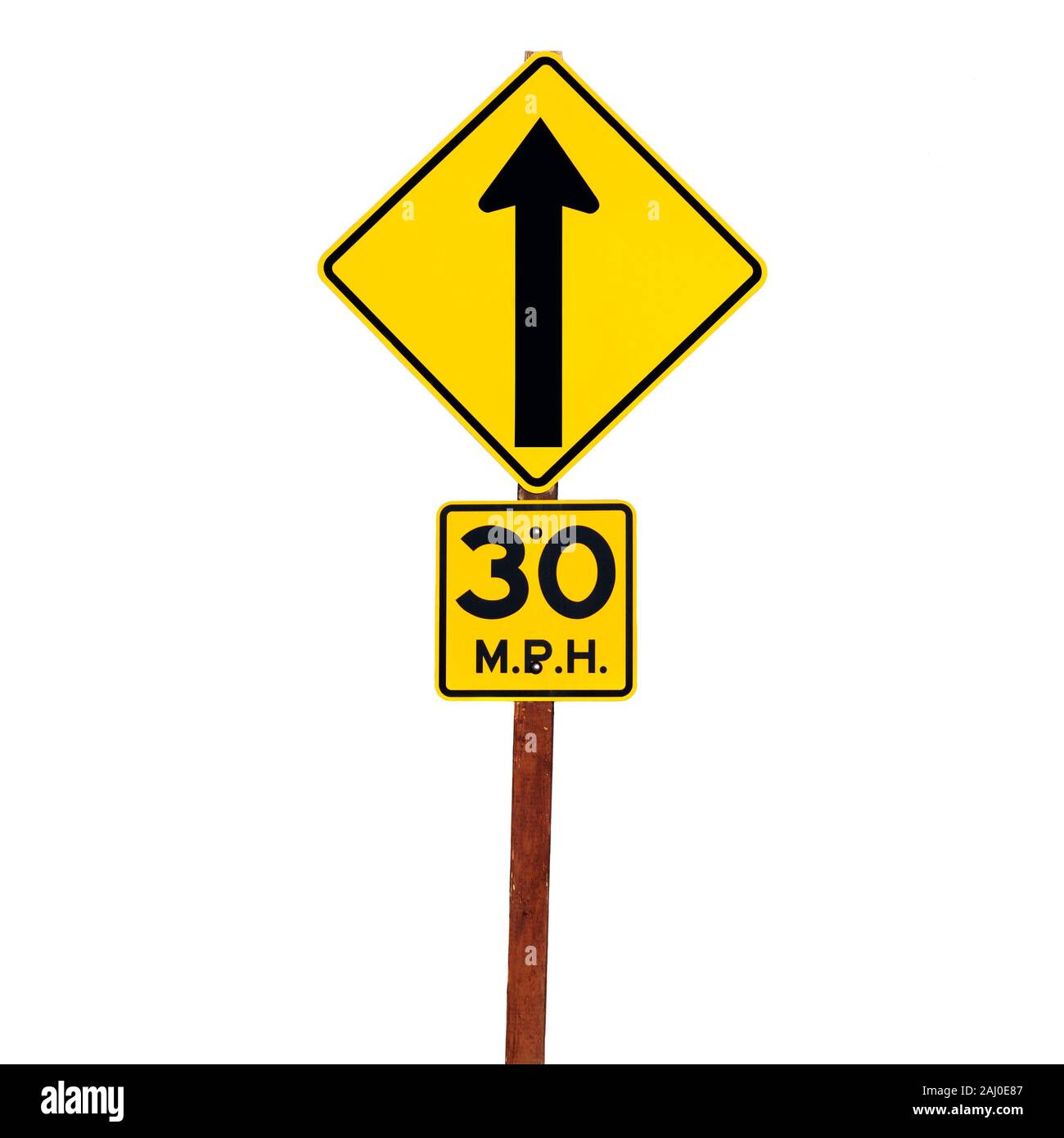 Road arrow sign with 20 mph speed limit on white Stock Photo
