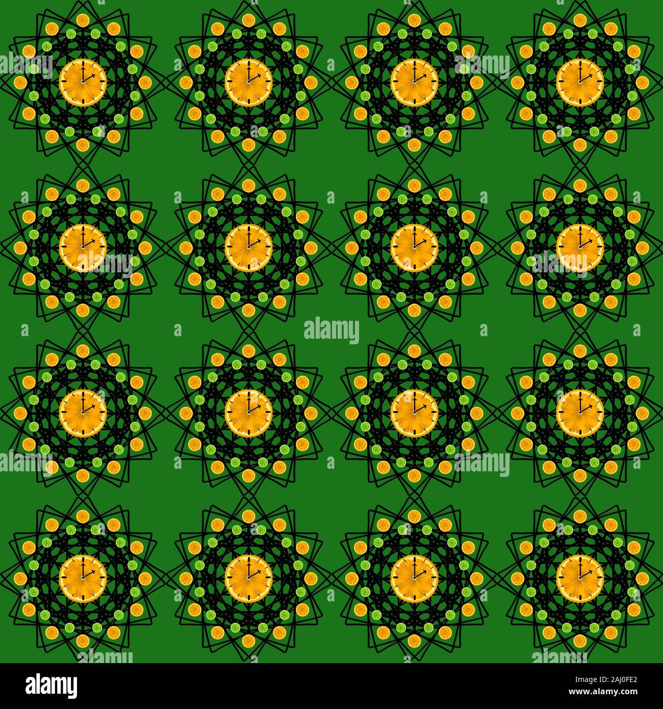 Seamless pattern with citrus clock on a green background. Stock Photo
