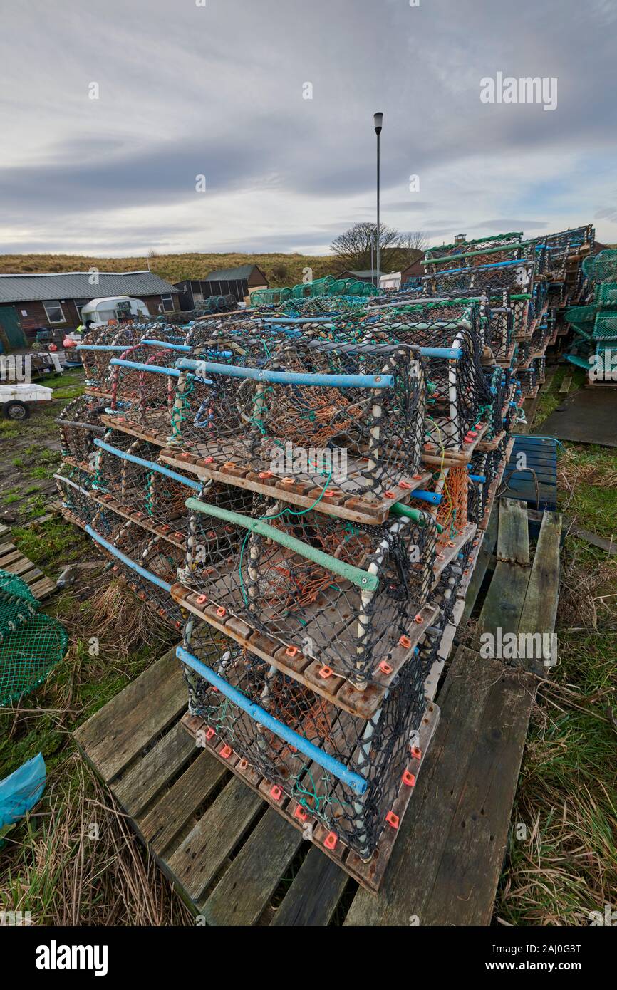 Lobster pots on Lindisfarne or Holy Island on the Northumbrian Coast of North Eastern England, UK, GB. Stock Photo