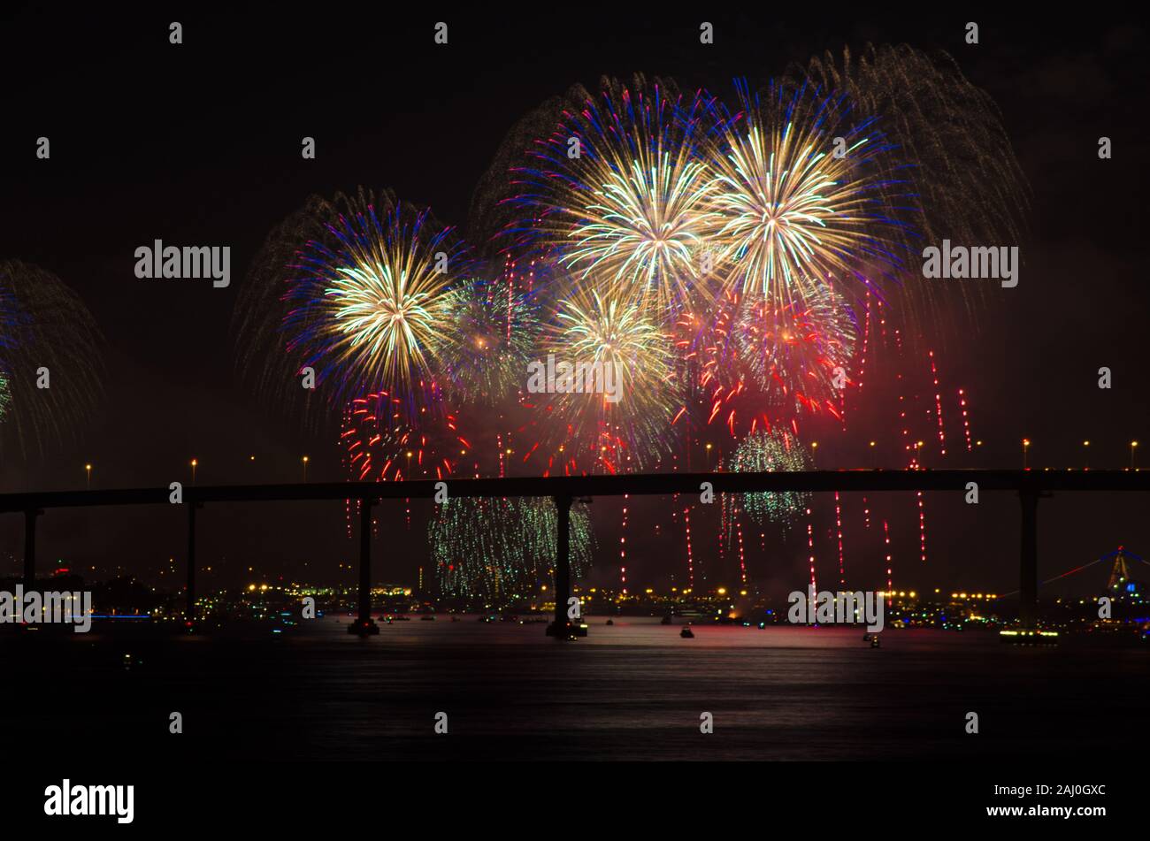 Independence Day Over the Coronado Bay Bridge and San Diego Bay Stock Photo