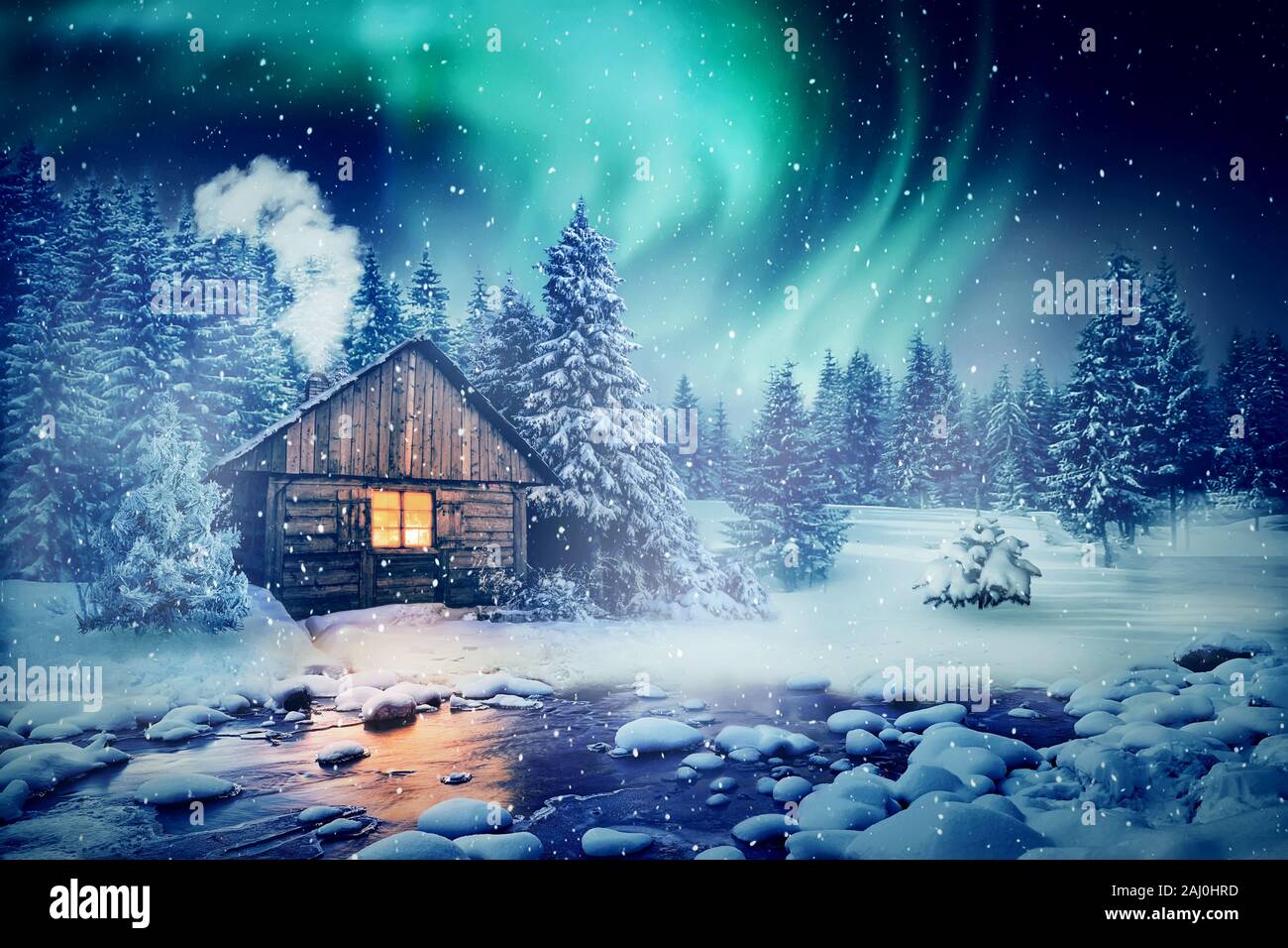 Winter landscape with wooden house under a beautiful starry sky and Northern Lights near a lake with light reflections. Active aurora borealis in the Stock Photo