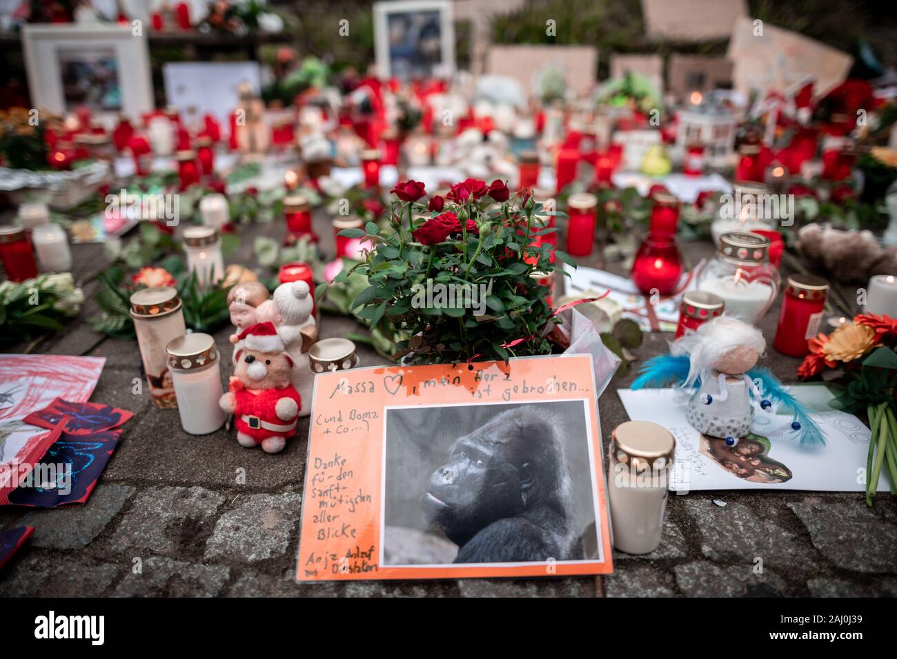 Krefeld, Germany. 02nd Jan, 2020. Numerous candles, pictures, stuffed animals and signs lie in front of the main entrance of the Krefeld Zoo as a sign of mourning. After the fire of the monkey house in Krefeld Zoo with many dead animals, there are, according to investigators, indications of so-called 'sky lanterns' as a possible cause of the fire. Credit: Fabian Strauch/dpa - ATTENTION: Use only in full format and only in an editorial context/dpa/Alamy Live News Stock Photo