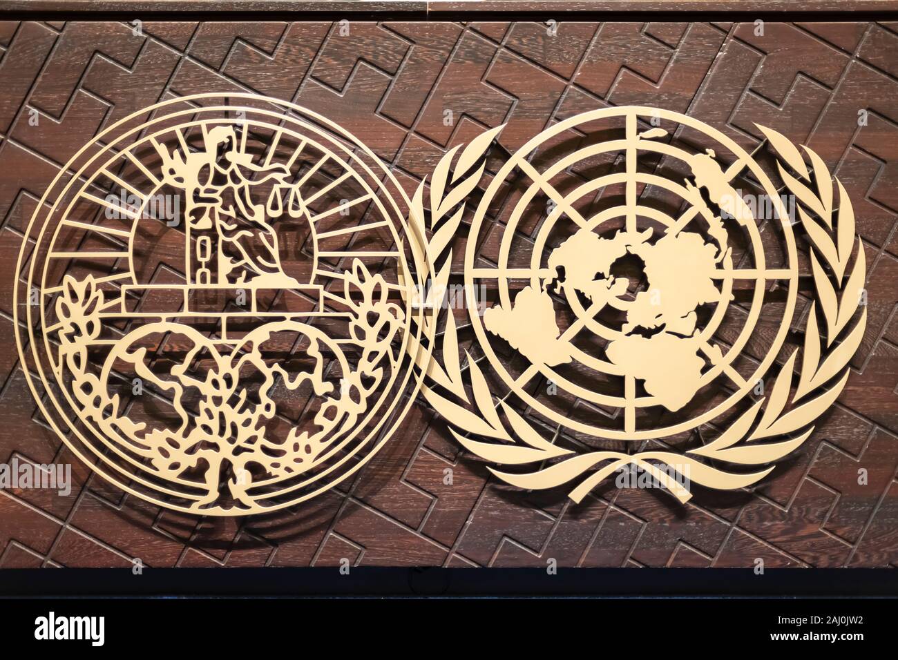 Logo of the International Court of Justice, principal judicial organ of the United Nation Stock Photo
