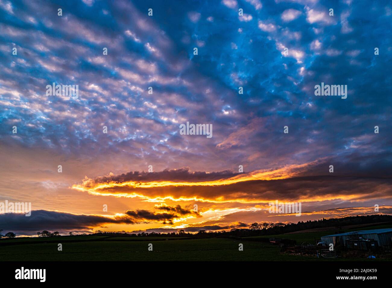 December sunset with glowing clouds and blue sky. Stock Photo