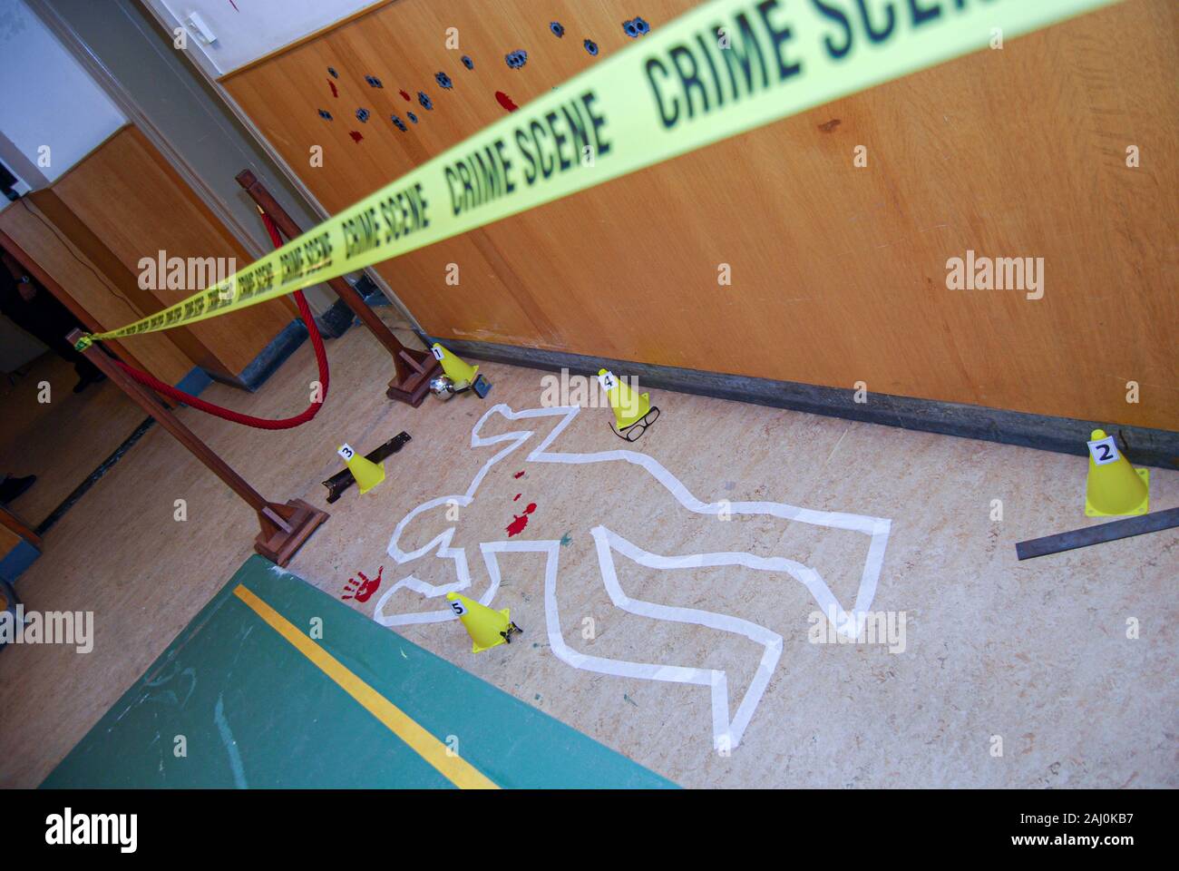 Concept and fictive view of the crime scene secured by the police during the investigation identified evidences by number and cones Stock Photo