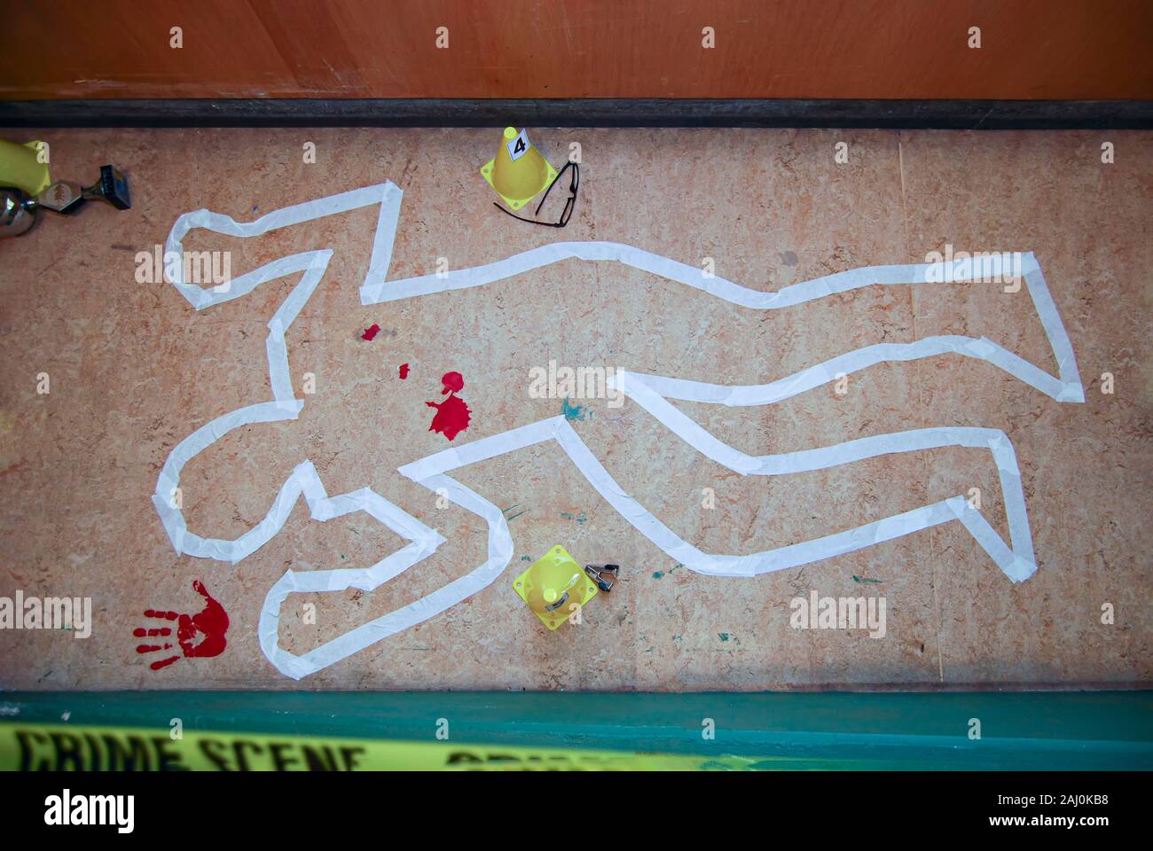 Concept and fictive view of the crime scene secured by the police during the investigation identified evidences by number and cones Stock Photo