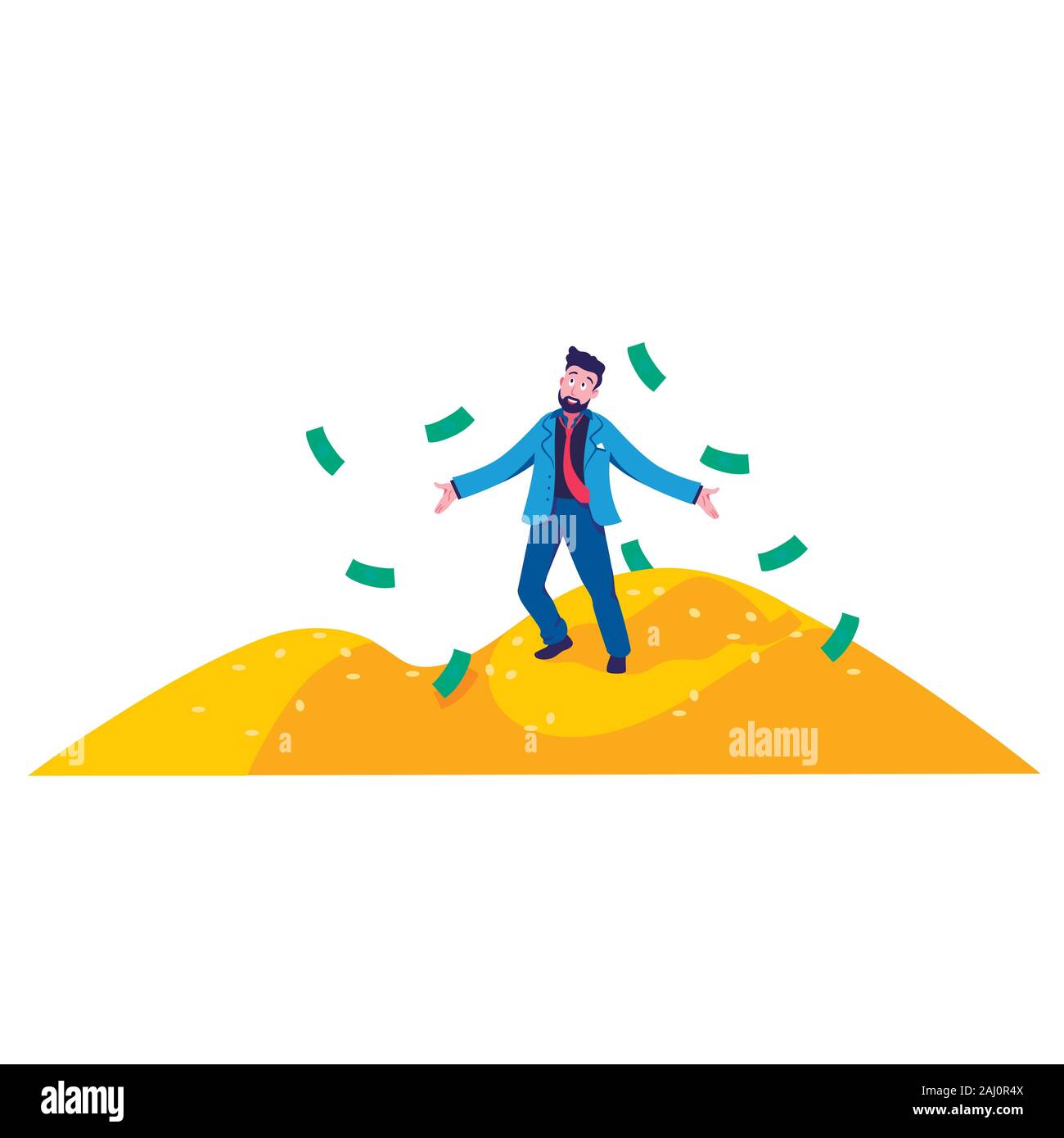 Rich cartoon business man standing on mountain of gold coins vector flat illustration Stock Vector