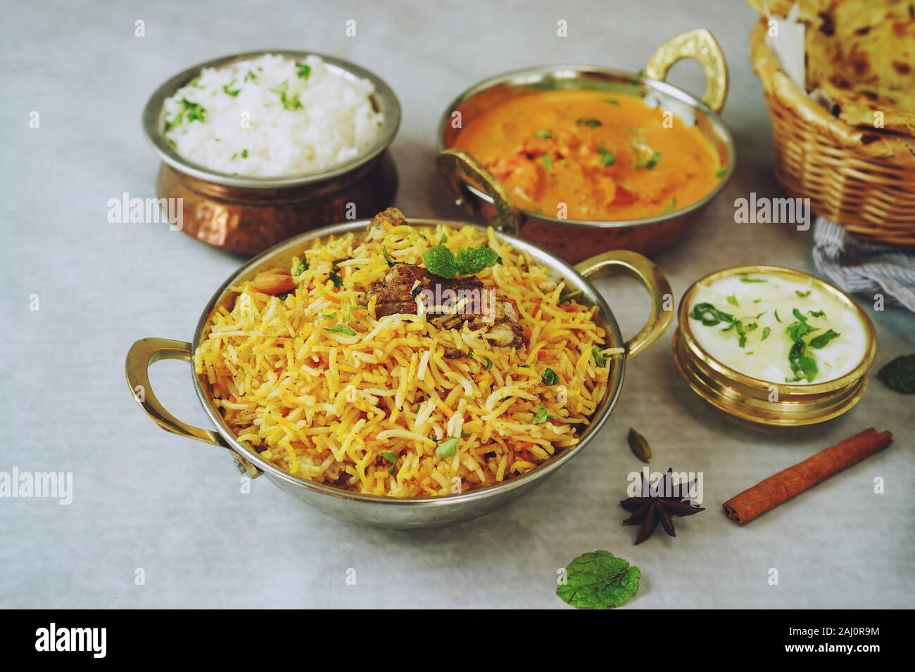 Indian meal / Restaurant menu concept - Mutton biryani, butter chicken ...