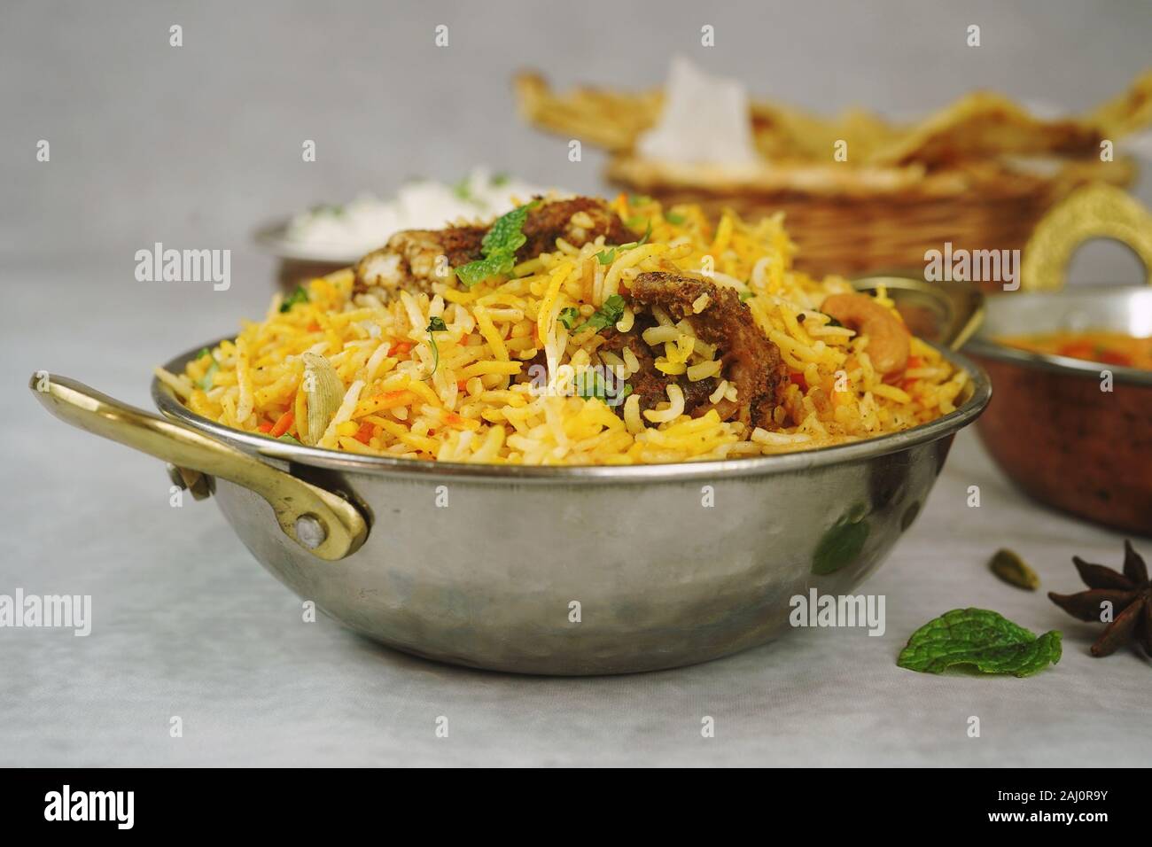 Indian meal / Restaurant menu concept - Mutton biryani, butter chicken ...