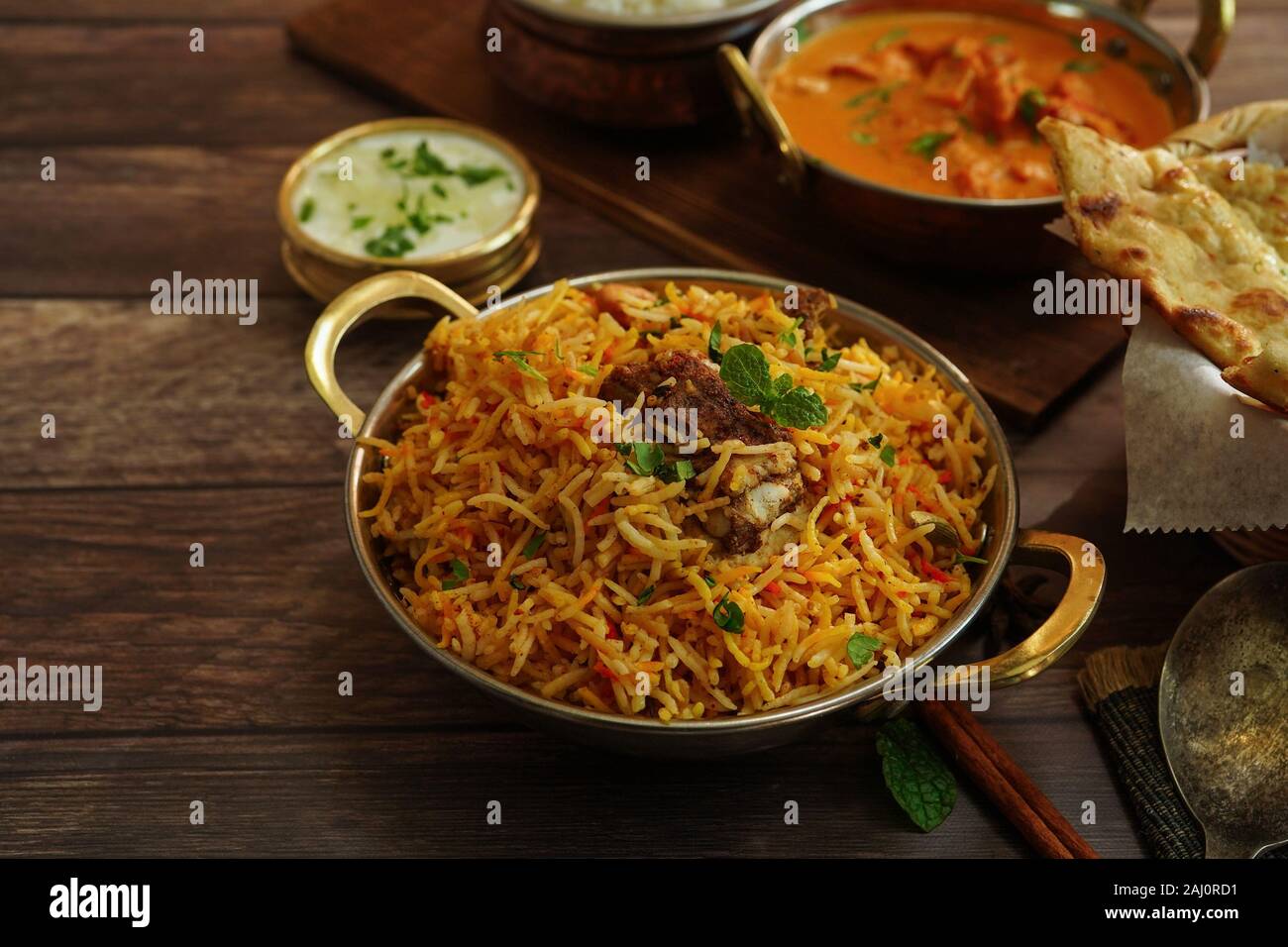 Indian meal / Restaurant menu concept - Mutton biryani, butter chicken ...