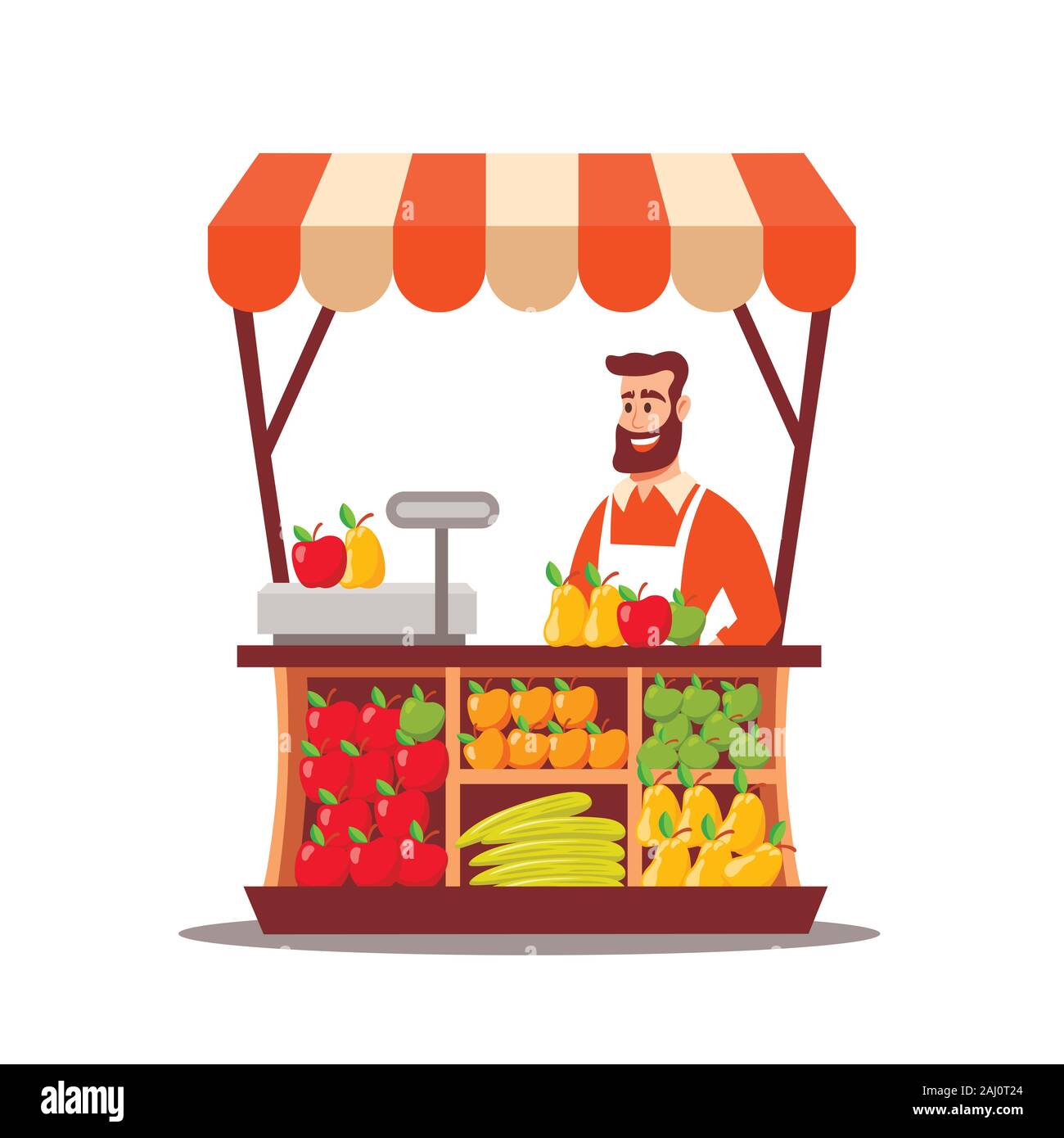 Smiling bearded male character working at farm shop isolated on white Stock Vector