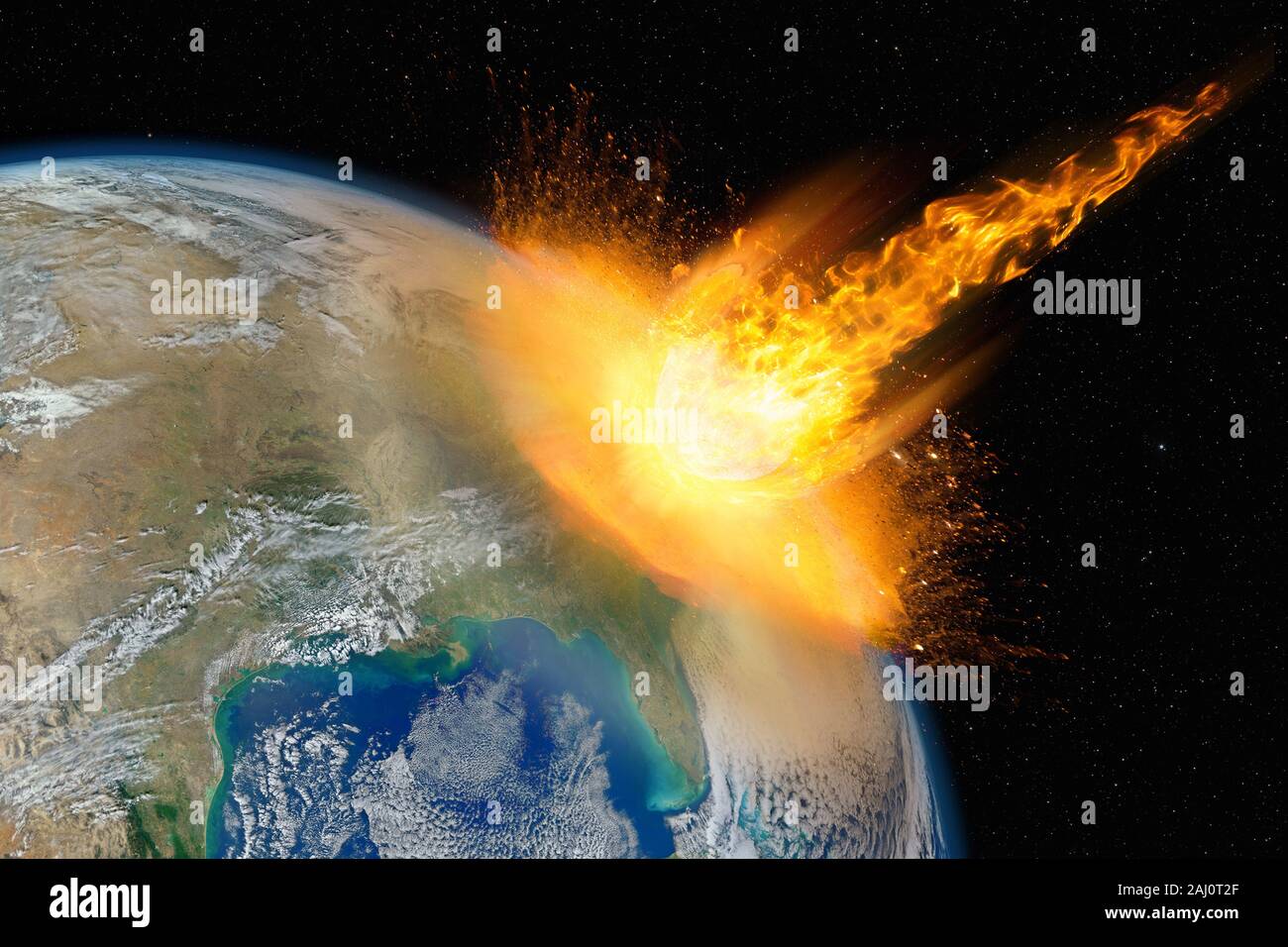 Dangerous asteroid hits planet Earth, total disaster and life extinction, elements of this image furnished by NASA Stock Photo