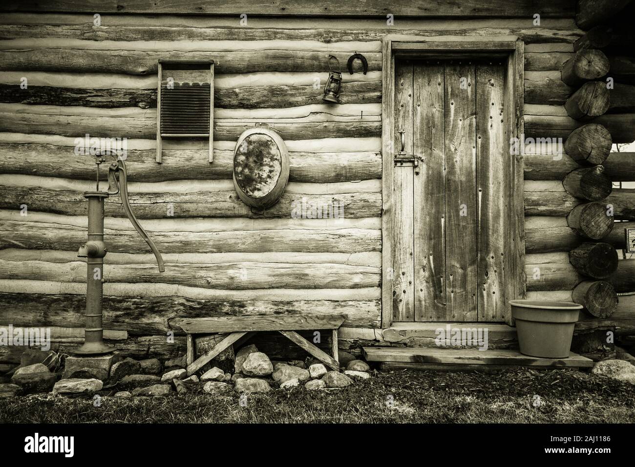 Simple Country Living. Exterior wall of a historical log cabin in Midwest America. Stock Photo