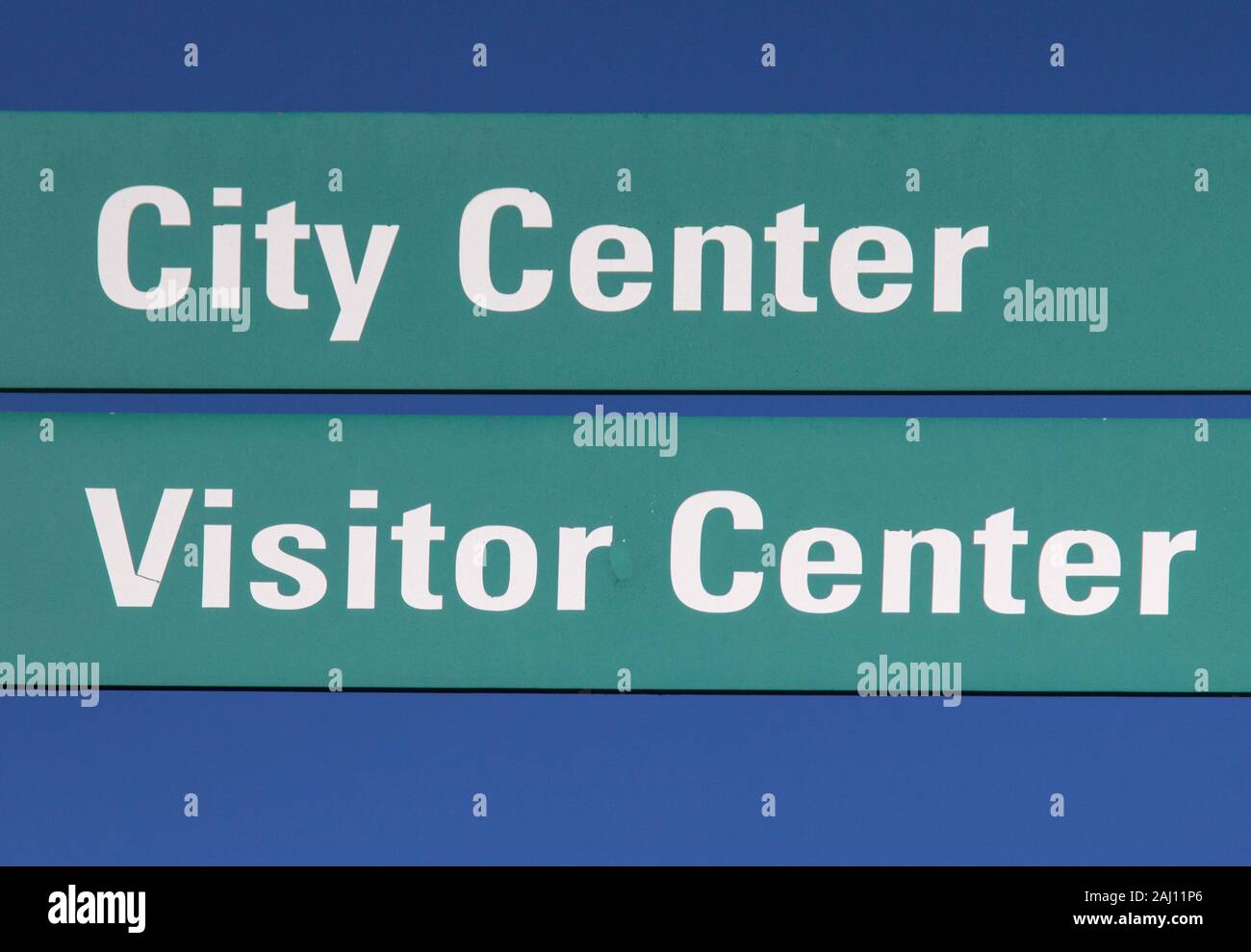 City Center And Visitor Center sign in horizontal orientation. Stock Photo