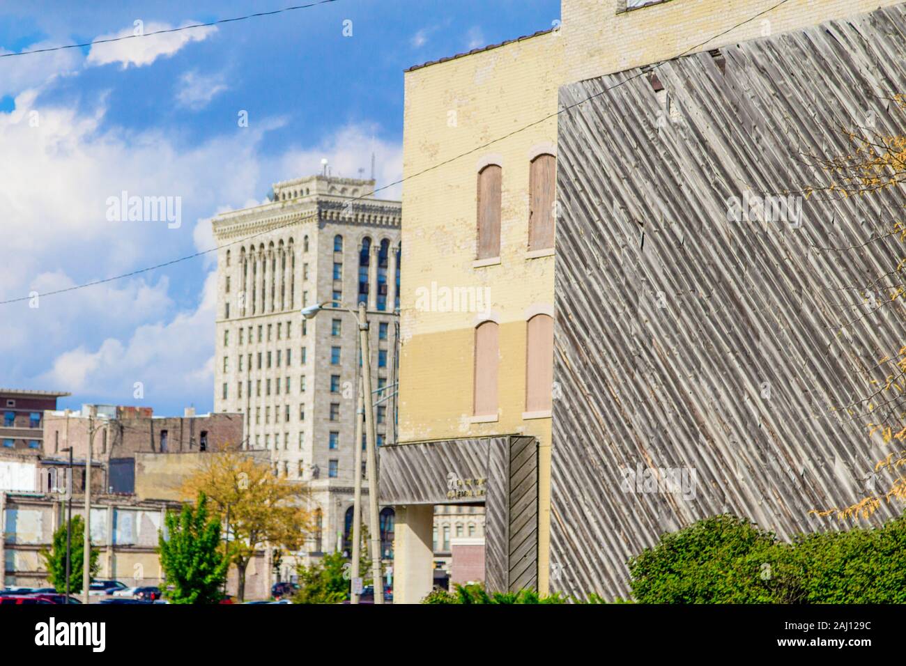 Downtown Saginaw Michigan. City streets and buildings of the downtown district of Saginaw. The city is located in the Midwest state of Michigan. Stock Photo