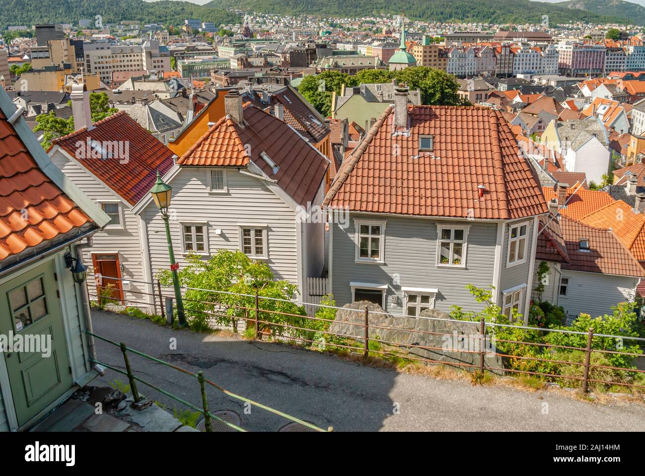 Historic Weatherboard houses at the historic Nordnes Quarter of Bergen, Norway Stock Photo