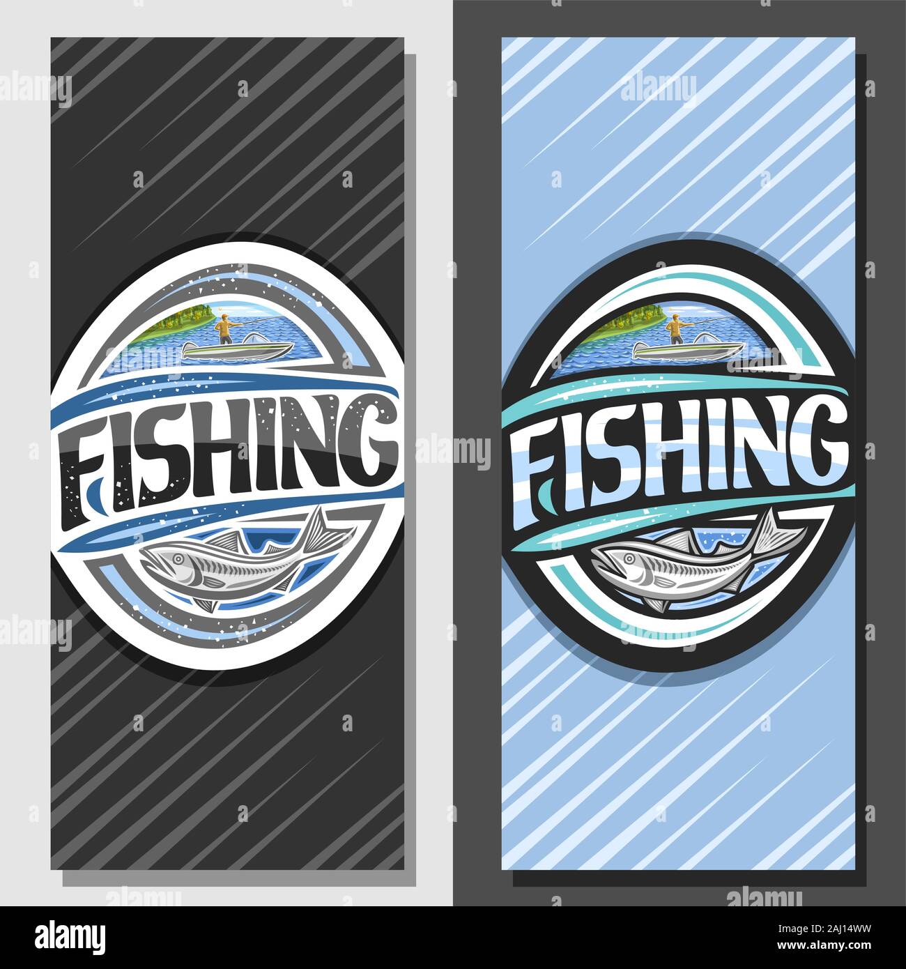 Vector layouts for Fishing, decorative brochure with illustration of standing male in motor boat near coast with trees, coupon with original script fo Stock Vector