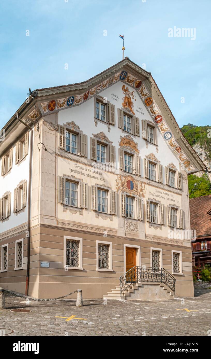 Town hall at the village centre of Gersau at Lake Lucerne, Switzerland Stock Photo